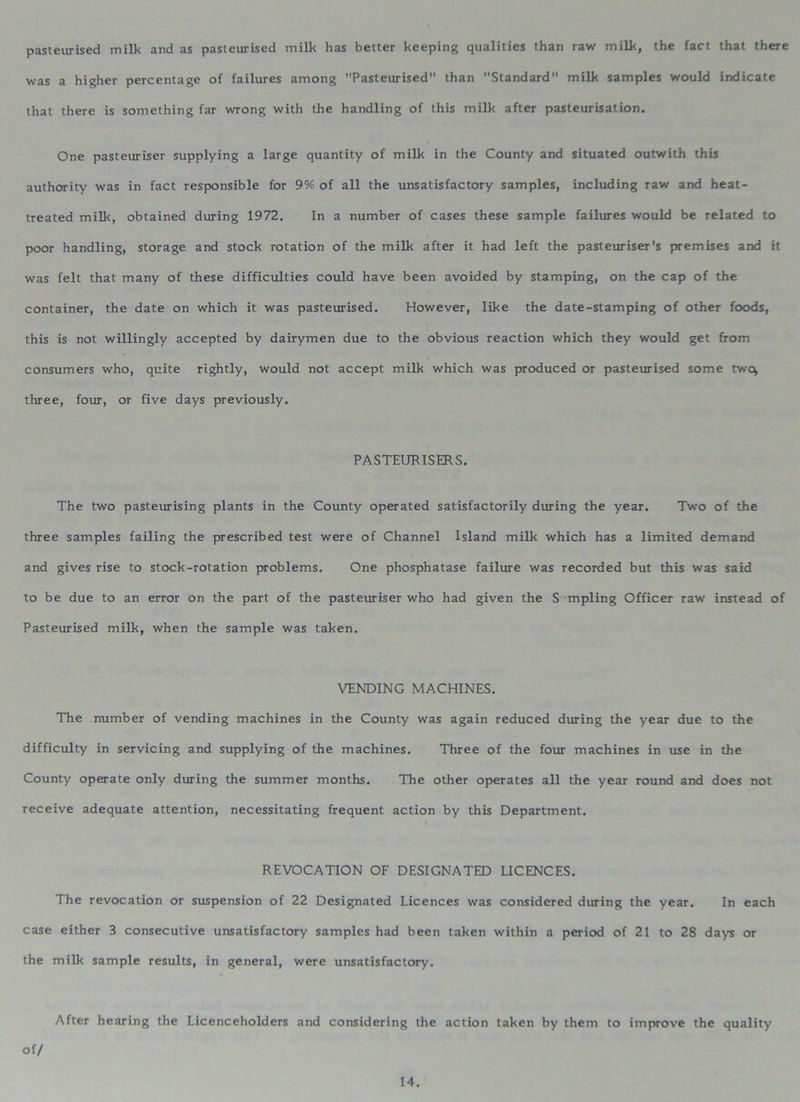 pasteurised milk and as pasteurised milk has better keeping qualities than raw milk, the fact that there was a higher percentage of failures among Pasteurised than Standard milk samples would indicate that there is something far wrong with the handling of this milk after pasteurisation. One pasteuriser supplying a large quantity of milk in the County and situated outwith this authority was in fact responsible for 9% of all the unsatisfactory samples, including raw and heat- treated milk, obtained during 1972. In a number of cases these sample failures would be related to poor handling, storage and stock rotation of the milk after it had left the pasteuriser's premises and it was felt that many of these difficulties could have been avoided by stamping, on the cap of the container, the date on which it was pasteurised. However, like the date-stamping of other foods, this is not willingly accepted by dairymen due to the obvious reaction which they would get from consumers who, quite rightly, would not accept milk which was produced or pasteurised some twc^ three, four, or five days previously. PASTEURISERS. The two pasteurising plants in the County operated satisfactorily during the year. Two of the three samples failing the prescribed test were of Channel Island milk which has a limited demand and gives rise to stock-rotation problems. One phosphatase failure was recorded but this was said to be due to an error on the part of the pasteuriser who had given the S 'tripling Officer raw instead of Pasteurised milk, when the sample was taken. VENDING MACHINES. The number of vending machines in the County was again reduced during the year due to the difficulty in servicing and supplying of the machines. Three of the four machines in use in the County operate only during the summer months. The other operates all the year round and does not receive adequate attention, necessitating frequent action by this Department. REVOCATION OF DESIGNATED LICENCES. The revocation or suspension of 22 Designated Licences was considered during the year. In each case either 3 consecutive unsatisfactory samples had been taken within a period of 21 to 28 days or the milk sample results, in general, were unsatisfactory. After hearing the Licenceholders and considering the action taken by them to improve the quality of/