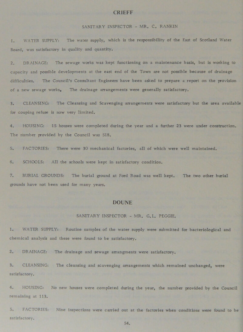 CRIEFF SANITARY INSPECTOR - MR. C. RANKIN 1. WATER SUPPLY: The water supply, which is the responsibility of the East of Scotland Water Board, was satisfactory in quality and quantity. 2. DRAINAGE: The sewage works was kept functioning on a maintenance basis, but is working to capacity and possible developments at the east end of the Town are not possible because of drainage difficulties. The Council's Consultant Engineers have been asked to prepare a report on the provision of a new sewage works. The drainage arrangements were generally satisfactory. 3. CLEANSING: The Cleansing and Scavenging arrangements were satisfactory but the area available for couping refuse is now very limited. 4. HOUSING: 15 houses were completed during the year and a further 23 were under construction. The number provided by the Council was 518. 5. FACTORIES: There were 30 mechanical factories, all of which were well maintained. 6. SCHOOLS: All the schools were kept in satisfactory condition. 7. BURIAL GROUNDS: The burial ground at Ford Road was well kept. The two other burial grounds have not been used for many years. DOUNE SANITARY INSPECTOR - MR. G. L. PEGGIE. 1. WATER SUPPLY: Routine samples of the water supply were submitted for bacteriological and chemical analysis and these were found to be satisfactory. 2. DRAINAGE: The drainage and sewage arrangments were satisfactory. 3. CLEANSING: The cleansing and scavenging arrangements which remained unchanged, were satisfactory. 4. HOUSING: No new houses were completed during the year, the number provided by the Council remaining at 113. 5. FACTORIES: Nine inspections were carried out at the factories when conditions were found to be satisfactory.