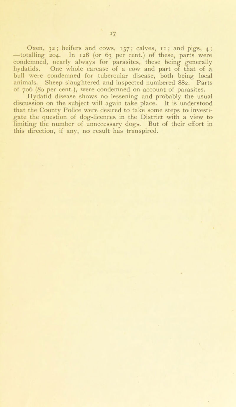 1/ Oxen, 32; heifers and cows, 157; calves, 11; and pigs, 4; —totalling 204. In 128 (or 63 per cent.) of these, parts were condemned, nearly always for parasites, these being generally hydatids. One whole carcase of a cow and part of that of a bull were condemned for tubercular disease, both being local animals. Sheep slaughtered and inspected numbered 882. Parts of 706 (80 per cent.), were condemned on account of parasites. Hydatid disease shows no lessening and probably the usual discussion on the subject will again take place. It is understood that the County Police were desired to take some steps to investi- gate the question of dog-licences in the District with a view to limiting the number of unnecessary dog». But of their effort in this direction, if any, no result has transpired.