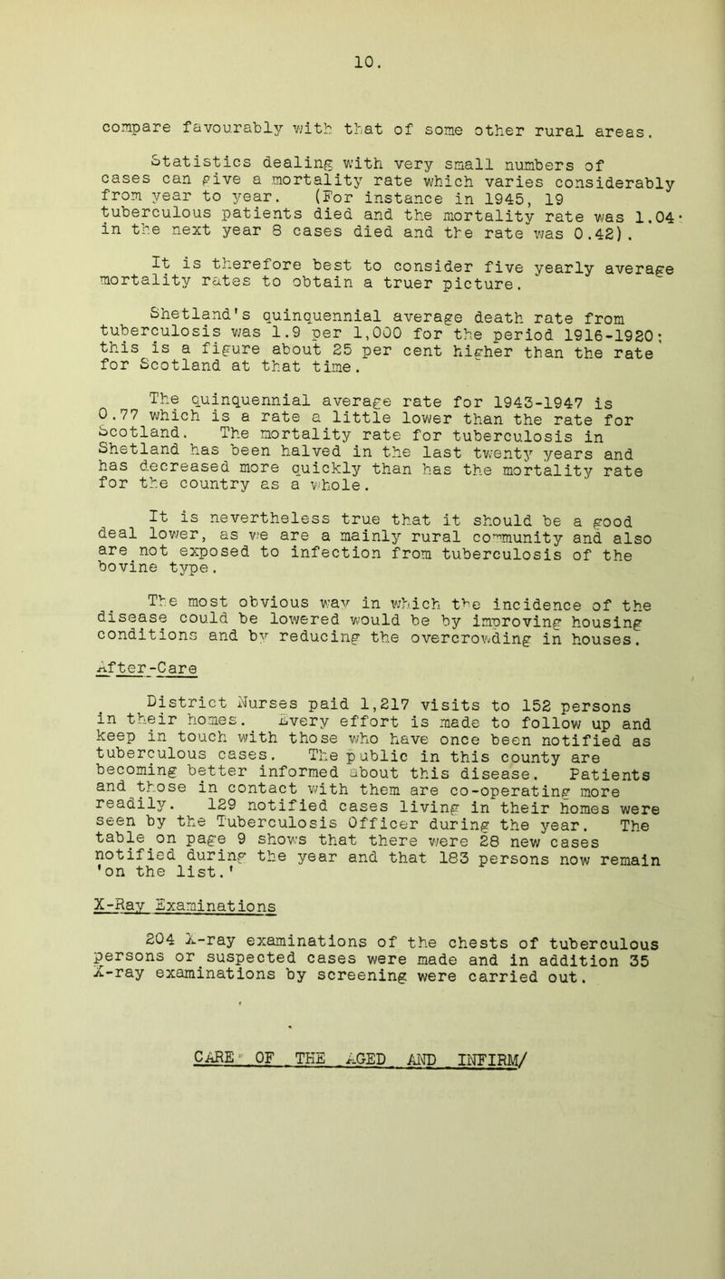 compare favourably with that of some other rural areas. Statistics dealing with very small numbers of cases can give a mortality rate which varies considerably from year to year. (For instance in 1945, 19 tuberculous patients died and the mortality rate was 1.04• in the next year S cases died and the rate was 0.42). It is therefore best to consider five yearly average mortality rates to obtain a truer picture. Shetland's quinquennial average death rate from tuberculosis was 1.9 per 1,000 for the period 1916-1920; this is a figure about 25 per cent higher than the rate for Scotland at that time. The quinquennial average rate for 1943-1947 is 0.77 which is a rate a little lower than the rate for Scotland. The mortality rate for tuberculosis in Shetland has oeen halved in the last twenty years and has decreased more quickly than has the mortality rate for the country as a whole. It is nevertheless true that it should be a good deal lower, as we are a mainly rural community and also are not exposed to infection from tuberculosis of the bovine type. The most obvious way in which t^e incidence of the disease could be lowered would be by improving housing conditions and by reducing the overcrowding in houses. ■rif ter-Care District Nurses paid 1,217 visits to 152 persons in their homes. Every effort is made to follow up and keep in touch with those who have once been notified as tuberculous cases. The public in this county are becoming better informed about this disease. Patients an<^n^l0Se contact with them are co-operating more readily. 129 notified cases living in their homes were seen by the Tuberculosis Officer during the year. The table.on page 9 shows that there were 28 new cases notified during the year and that 183 persons now remain ’on the list.' X-Ray Examinations 204 .4-ray examinations of the chests of tuberculous persons or suspected cases were made and in addition 35 X-ray examinations by screening were carried out. CARE OF THE AGED AND INFIRM/
