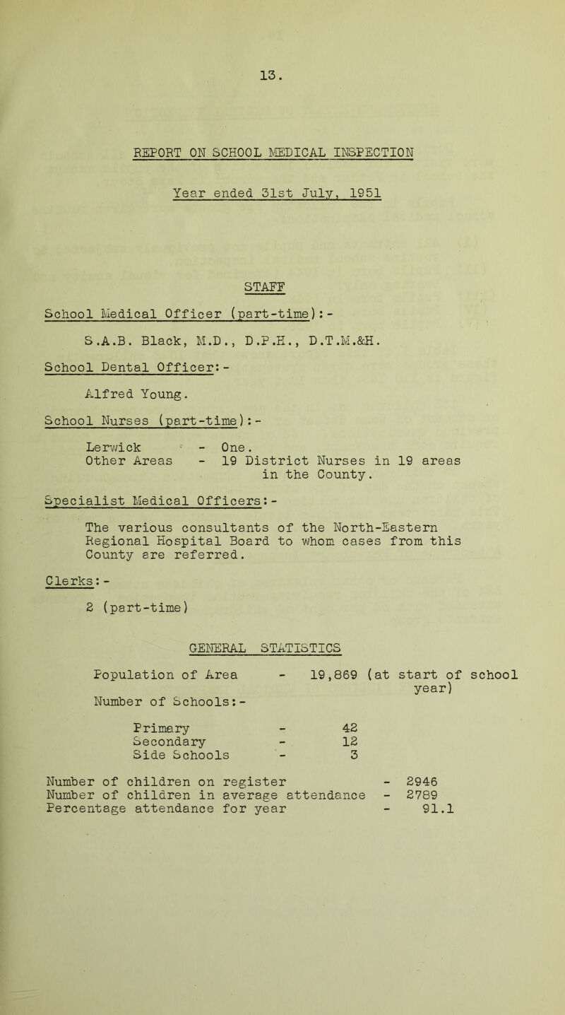 REPORT ON SCHOOL MEDICAL INSPECTION Year ended 31st July, 1951 STAEF School Medical Officer (part-time):- S.A.B. Black, M.D., D.P.H., D.T.M.&H. School Dental Officer:- Alfred Young. School Nurses (part-time):- Lerwick - One. Other Areas - 19 District Nurses in 19 areas in the County. Specialist Medical Officers:- The various consultants of the North-Eastern Regional Hospital Board to whom cases from this County are referred. Clerks:- 2 (part-time) GENERAL STATISTICS Population of Area Number of Schools:- 19,869 (at start of school year) Primary Secondary Side Schools 42 12 3 Number of children on register Number of children in average attendance Percentage attendance for year 2946 2789 91.1