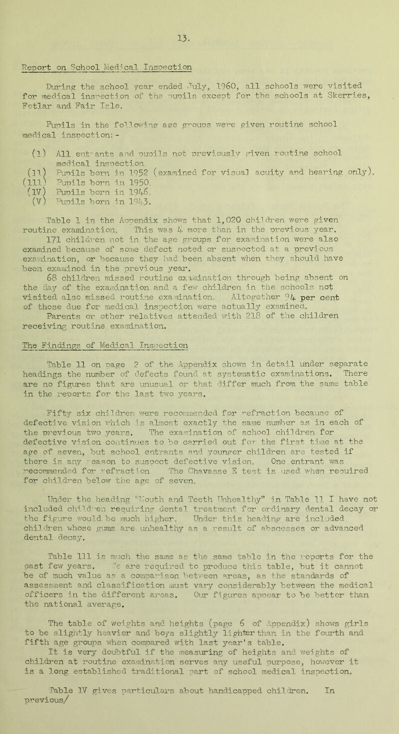 Report on School Medical Inspection During the school year ended July, I960, all schools were visited for medical inspection of the ourils except for the schools at Skerries, Fetlar and Pair Isle, Pupils in the following age groups were given routine school medical inspection:- (l) All entrants and pupils not previously given routine school medical inspection, (ll) Pupils horn in 1952 (examined for visual acuity and hearing only), (ill) Punils horn in 1950. (lV) Pupils horn in 1946„ (V) Pupils h orn in 1943. Table 1 in the Appendix shows that 1,020 children were given routine examination. This was 4 more than in the previous year. 171 children not in the age groups for examination were also examined because of some defect noted or suspected at a previous examination, or because they had been absent when they should have been examined in the previous year. 68 children missed, routine examination through being, absent on the day of the examination and a few children in the schools not visited also missed routine examination. Altogether 94 per cent of those due for medical inspection were actually examined.. Parents or other relatives attended with 218 of the children receiving routine examination. The Findings of Medical Insuection Table 11 on page 2 of the Appendix shows in detail under separate headings the number of defects found at systematic examinations. There are no figures that are unusua.l or that differ much from the same table in the reports for the last two years. Fifty six children were recommended for refraction because of defective vision which is almost exactly the same number as in each of the previous two years. The examination of school children for defective vision continues to be carried out for the first time at the age of seven, but school entrants and younger children are tested if there is any mason to suspect defective vision. One entrant was recommended for refraction The Chavasse S test is used when reouired for children below the age of seven. Under the heading mouth and Teeth Unhealthy in Table 11 I have not included children requiring dental treatment for ordinary dental decay or the figure would be much higher. Under this heading are included children whose gums are unhealthy as a result of abscesses or advanced dental decay. Table 111 is much the same as the same table in the reports for the past few years. re are required to produce this table, but it cannot be of much value as a comparison between areas, as the standards of assessment and classification must vary considerably between the medical officers in the different areas. Our figures appear to be better than the national average. The table of weights and heights (page 6 of Appendix) shows girls to be slightly heavier and boys slightly lighter than in the fourth and fifth age groups when compared with last year's table. It is very doubtful if the measuring of heights and weights of children at routine examination serves any useful purpose, however it is a long established traditional part of school medical inspection. Table IV gives particulars about handicapped children. In previous/