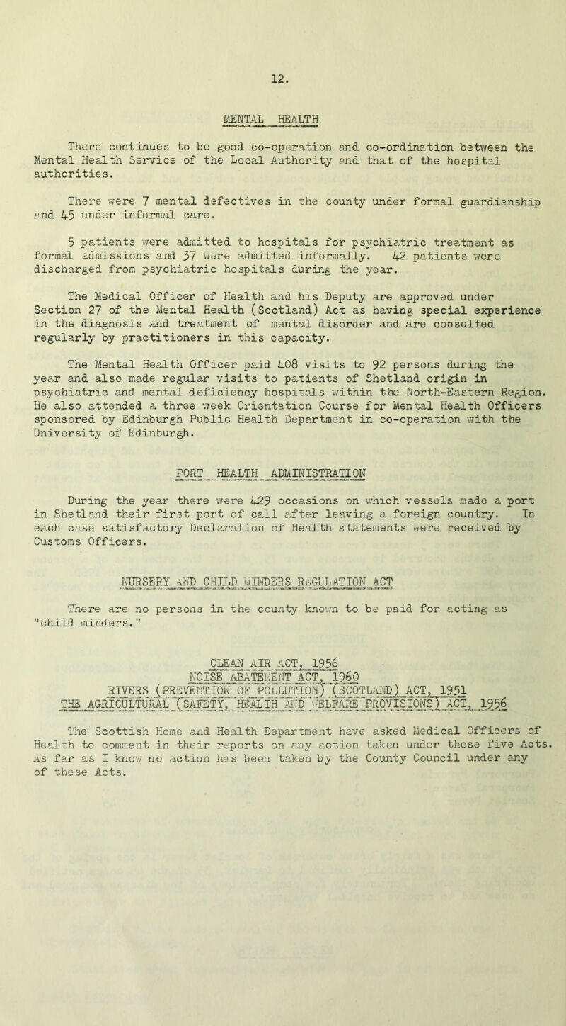 MENTAL HEALTH There continues to be good co-operation and co-ordination between the Mental Health Service of the Local Authority end that of the hospital authorities. There were 7 mental defectives in the county under formal guardianship and 45 under informal care. 5 patients were admitted to hospitals for psychiatric treatment as formal admissions and 37 were admitted informally. 42 patients were discharged from psychiatric hospitals during the year. The Medical Officer of Health and his Deputy are approved under Section 27 of the Mental Health (Scotland) Act as having special experience in the diagnosis and treatment of mental disorder and are consulted regularly by practitioners in this capacity. The Mental Health Officer paid 408 visits to 92 persons during the year and also made regular visits to patients of Shetland origin in psychiatric and mental deficiency hospitals within the North-Eastern Region. He also attended a three ’week Orientation Course for Mental Health Officers sponsored by Edinburgh Public Health Department in co-operation with the University of Edinburgh. PORT ^ HEAJLTH^ ADMINISTRATION During the year there were 429 occasions on which vessels made a port in Shetland their first port of call after leaving a foreign country. In each case satisfactory Declaration of Health statements were received by Customs Officers. NURSERY AND CHILD MINDERS,REGULATION ACT There are no persons in the county known to be paid for acting as child minders. £L§AN AIR ACT, 1956 NOISE ABAmMT ACT,' 196£ RT/ERS ^PREVENTION 5FPOLLUTION)^SCOTLAND) ACT, 1951 THE AGRICULTO^L TSA^TYr^ATTH ~AFD ‘WELFARE PROVISIONS ITCT, 1956 The Scottish Home and Health Department have asked Medical Officers of Health to comment in their reports on any action taken under these five Acts. As far as I know no action has been taken b,y the County Council under any of these Acts.