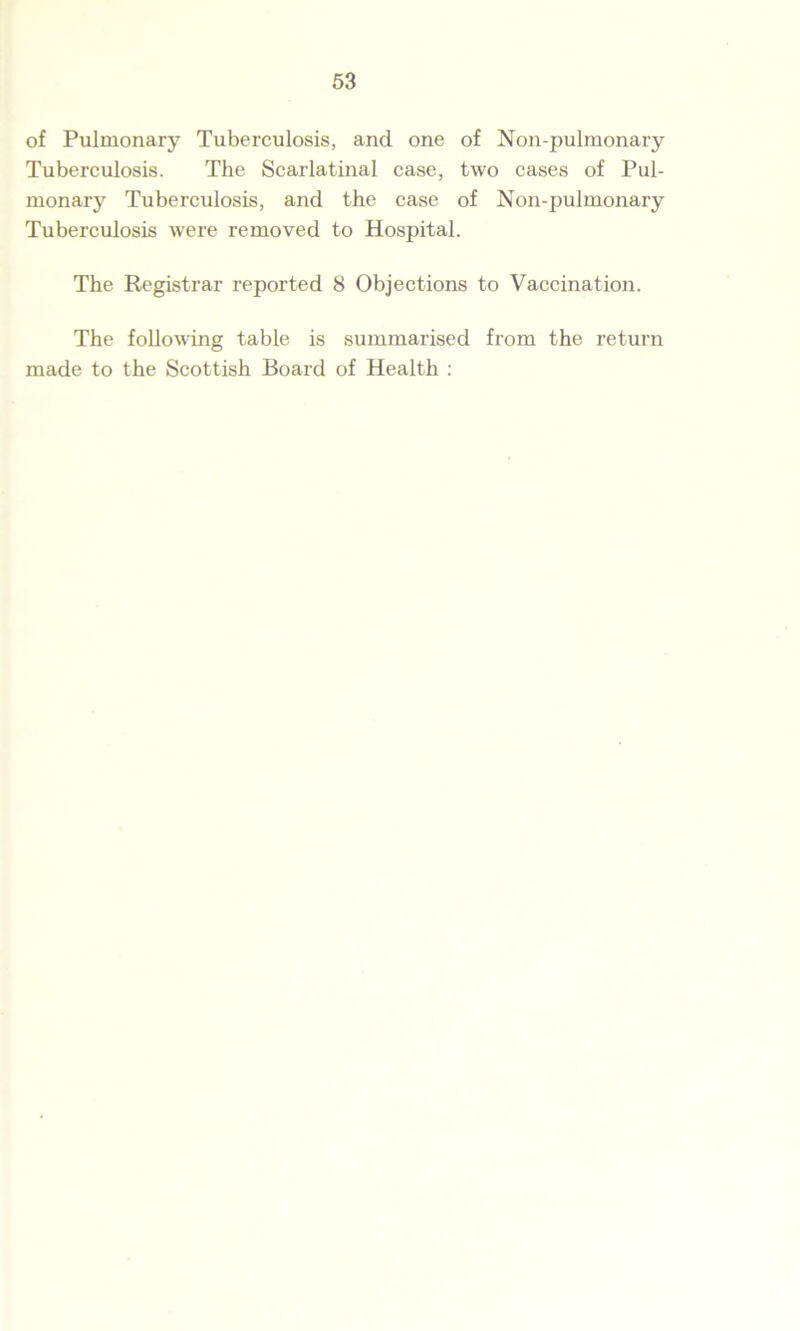 of Pulmonary Tuberculosis, and one of Non-pulmonary Tuberculosis. The Scarlatinal case, two cases of Pul- monary Tuberculosis, and the case of Non-pulmonary Tuberculosis were removed to Hospital. The Registrar reported 8 Objections to Vaccination. The following table is summarised from the return made to the Scottish Board of Health :