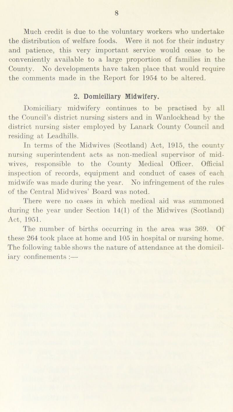 Much credit is due to the voluntary workers who undertake the distribution of welfare foods. Were it not for their industry and patience, this very important service would cease to be conveniently available to a large proportion of families in the County. No developments have taken place that would require the comments made in the Report for 1954 to be altered. 2. Domiciliary Midwifery. Domiciliary midwifery continues to be practised by all the Council’s district nursing sisters and in Wanlockhead by the district nursing sister employed by Lanark County Council and residing at Leadhills. In terms of the Midwives (Scotland) Act, 1915, the county nursing superintendent acts as non-medical supervisor of mid- wives, responsible to the County Medical Officer. Official inspection of records, equipment and conduct of cases of each midwife was made during the year. No infringement of the rules of the Central Midwives’ Board was noted. There were no cases in which medical aid was summoned during the year under Section 14(1) of the Midwives (Scotland) Act, 1951. The number of births occurring in the area was 369. Of these 264 took place at home and 105 in hospital or nursing home. The following table shows the nature of attendance at the domicil- iary confinements :—