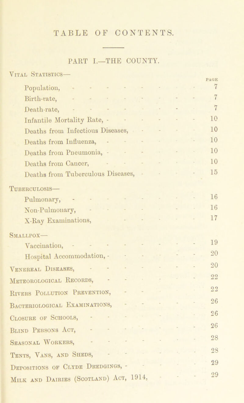 TABLE OF CONTENTS. PART L—THE COUNTY. Vital Statistics— PAGE Population, ------- 7 Birth-rate, 7 Death-rate, - ----- - 7 Infantile Mortality Rate, - - - - ■ - 10 Deaths from Infectious Diseases, - - - 10 Deaths from Influenza, - - - • 10 Deaths from Pneumonia, - - - - 10 Deaths from Cancer, - - - - 10 Deaths from Tuberculous Diseases, - • - 15 Tuberculosis— Pulmonary, ------- • 16 Non-Pulmonary, - - - - • 10 X-Ray Examinations, - - ■ ' 1^ Smallpox— 19 Vaccination, -------- Hospital Accommodation, - - - - ■ ' 90 Venereal Diseases, 99 Meteorological Records, 90 Rivers Pollution Prevention, - - T- - 26 Bacteriological Examinations, Closure of Schools, - - - Blind Persons Act, 28 Seasonal Workers, --■■■' 28 Tents, Vans, and Sheds, - * ‘ 29 Depositions of Clyde Dredgings, - Milk and Dairies (Scotland) Act, 1914, - -