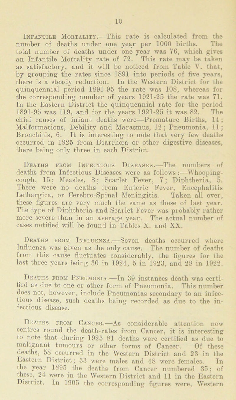Infantile Mortality.—This rate is calculated from the number of deaths under one year per 1000 births. The total number of deaths under one year was 76, which gives an Infantile Mortality rate of 72. This rate may be taken as satisfactory, and it will be noticed from Table V. that, by grouping the rates since 1891 into periods of five years, there is a steady reduction. In the Western District for the quinquennial period 1891-95 the rate was 108, whereas for the corresponding number of years 1921-25 the rate was 71. In the Eastern District the quinquennial rate for the period 1891-95 was 119, and for the years 1921-25 it was 82. The chief causes of infant deaths were—Premature Births, 14; Malformations, Debility and Marasmus, 12; Pneumonia, 11; Bronchitis, 6. It is interesting to note that very few deaths occurred in 1925 from Diarrhoea or other digestive diseases, there being only three in each District. Deaths from Infectious Diseases.—The numbers of deaths from Infectious Diseases were as follows :—MTiooping- cough, 15; Measles, 8; Scarlet Fever, 7; Diphtheria, 5. There were no deaths from Enteric Fever, Encephalitis Lethargica, or Cerebro-Spinal Meningitis. Taken all over, these figures are very much the same as those of last year. The type of Diphtheria and Scarlet Fever was probably rather more severe than in an average year. The actual number of cases notified Avill be found in Tables X. and XX. Deaths from Influenza.—Seven deaths occurred where Influenza was given as the only cause. The number of deaths from this cause fluctuates considerably, the figures for the last three years being 30 in 1924, 5 in *1923, and 28 in 1922. Deaths from Pneumonia.—In 39 instances death was certi- fied as due to one or other form of Pneumonia. This number does not, however, include Pneumonias secondary to an infec- tious disease, such deaths being recorded as due to the in- fectious disease. Deaths from Cancer.—As considerable attention now centres round the death-rates from Cancer, it is interesting to note that during 1925 81 deaths were certified as due to malignant tumours or other forms of Cancer. Of these deaths, 58 occurred in the Western District and 23 in the Eastern District; 33 were males and 48 were females. In the year 1895 tlie deaths from Cancer numbered 35; of these,^ 24 were in the Western District and 11 in tlie Eastern District. In 1905 tlie corresponding figures were, Western