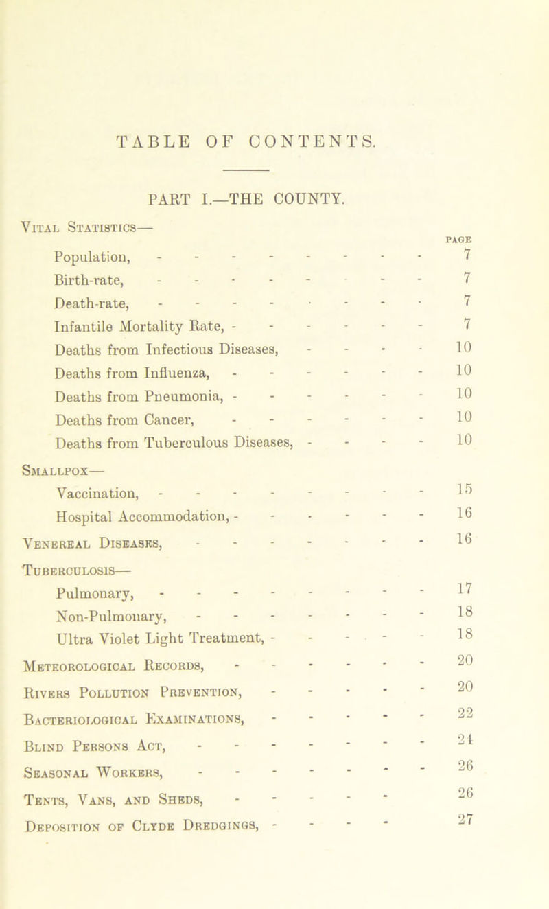 TABLE OF CONTENTS. PART I.—THE COUNTY. Vital Statistics— PAGE Population, -------- 7 Birth-rate, ----- - - 7 Death-rate, - 7 Infantile Mortality Rate, ------ 7 Deaths from Infectious Diseases, - - - - 10 Deaths from Influenza, - - - - * - 10 Deaths from Pneumonia, 10 Deaths from Cancer, - - - - - - 10 Deaths from Tuberculous Diseases, - - - - 10 Smallpox— Vaccination, - - - - - - - ■ 1^ Hospital Accommodation, - - - - - - 10 Venereal Diseases, - - - - - * * 10 Tuberculosis— Pulmonary, 1 ^ Non-Pulmonary, 10 Ultra Violet Light Treatment, - - - - - 1§ Meteorological Records, Rivers Pollution Prevention, ^0 Bacteriological Examinations, ----- 22 9 i Blind Persons Act, - - - - • ' ' Seasonal Workers, Tents, Vans, and Sheds, ----- 97 Deposition of Clyde Dredgings, -