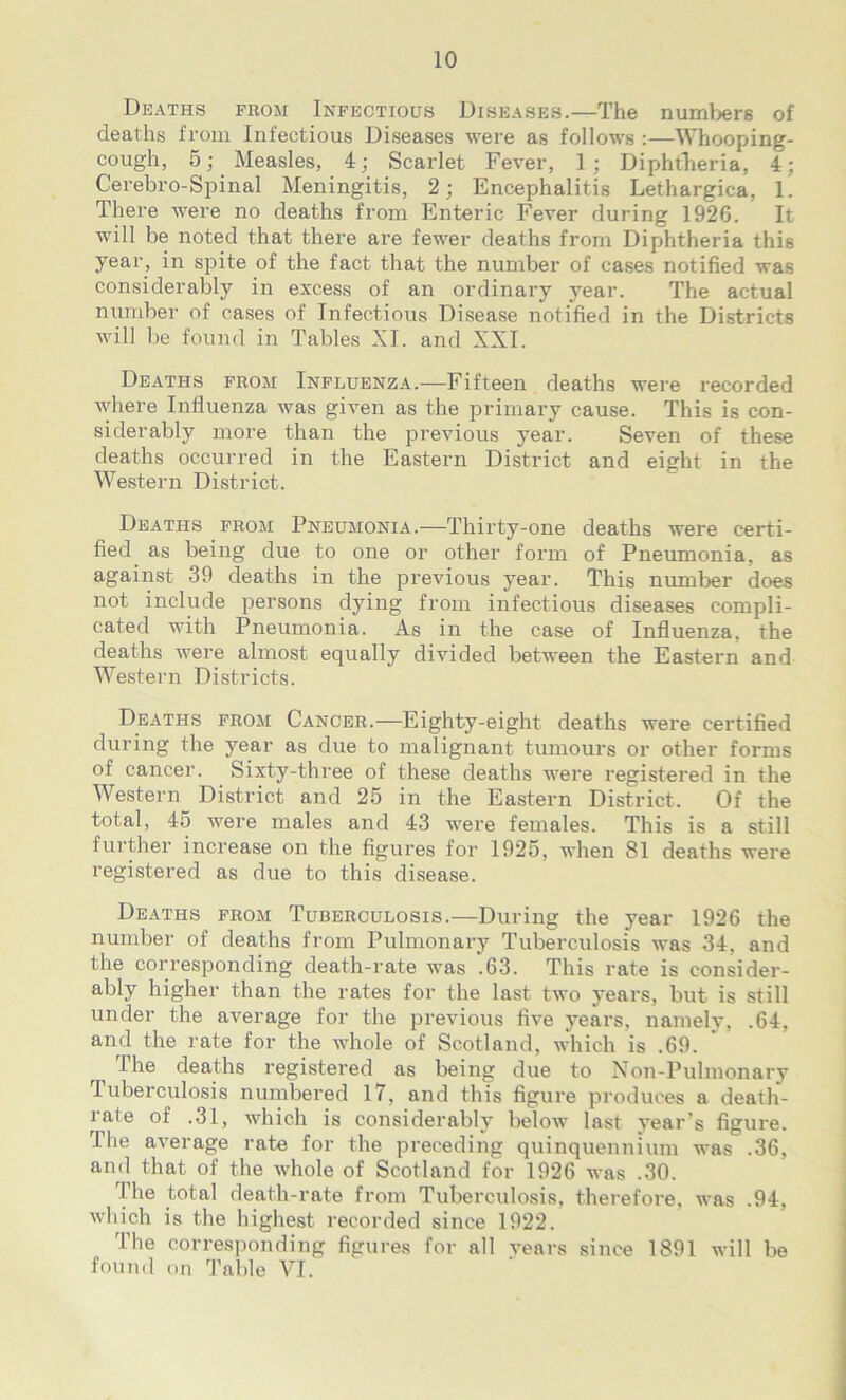 Deaths from Infectious Diseases.—The numbers of deaths from Infectious Diseases were as follows :—Whooping- cough, 5; Measles, 4; Scarlet Fever, 1; Diphtheria, 4; Cerebro-Spinal Meningitis, 2; Encephalitis Lethargies, 1. There were no deaths from Enteric Fever during 1926. It will be noted that there are fewer deaths from Diphtheria this year, in spite of the fact that the number of cases notified was considerably in excess of an ordinary year. The actual number of cases of Infectious Disease notified in the Districts will be found in Tables XI. and XXI. Deaths from Influenza.—Fifteen deaths were recorded where Influenza was given as the primary cause. This is con- siderably more than the previous year. Seven of these deaths occurred in the Eastern District and eight in the Western District. Deaths from Pneumonia.—Thirty-one deaths were certi- fied as being due to one or other form of Pneumonia, as against 39 deaths in the previous year. This number does not include persons dying from infectious diseases compli- cated with Pneumonia. As in the case of Influenza, the deaths were almost equally divided between the Eastern and Western Districts. Deaths from Cancer.—Eighty-eight deaths were certified during the year as due to malignant tumours or other forms of cancer. Sixty-three of these deaths were registered in the Western District and 25 in the Eastern District. Of the total, 45 were males and 43 were females. This is a still further increase on the figures for 1925, when 81 deaths were registered as due to this disease. Deaths from Tuberculosis.—During the year 1926 the number of deaths from Pulmonary Tuberculosis was 34, and the corresponding death-rate was .63. This rate is consider- ably higher than the rates for the last two years, but is still under the average for the previous five years, namely, .64, and the rate for the whole of Scotland, which is .69. ri the deaths registered as being due to Non-Pulmonary tuberculosis numbered 17, and this figure produces a death- rale of .31, which is considerably below last year's figure. The average rate for the preceding quinquennium was .36, and that of the whole of Scotland for 1926 was .30. The total death-rate from Tuberculosis, therefore, was .94, which is the highest recorded since 1922. The corresponding figures for all years since 1891 will be found on Table VI.