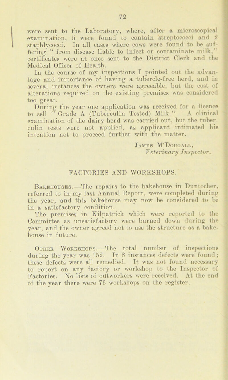 were sent to the Laboratory, where, after a microscopical examination, 5 were found to contain streptococci and 2 staphlycocci. In all cases where cows were found to be suf- fering “ from disease liable to infect or contaminate milk,” certificates were at once sent to the District Clerk and the Medical Officer of Health. In the course of my inspections I pointed out the advan- tage and importance of having a tubercle-free herd, and in several instances the owners were agreeable, but the cost of alterations required on the existing premises was considered too great. During the year one application was received for a licence to sell “ Grade A (Tuberculin Tested) Milk.” A clinical examination of the dairy herd was carried out, but the tuber- culin tests were not applied, as applicant intimated his intention not to proceed further with the matter. James M'Dougall, Veter inary Inspector. FACTORIES AND WORKSHOPS. Bakehouses.—The repairs to the bakehouse in Duntocher, referred to in my last Annual Report, were completed during the year, and this bakehouse may now be considered to lie in a satisfactory condition. The premises in Kilpatrick which were reported to the Committee as unsatisfactory were burned down during the year, and the owner agreed not to use the structure as a bake- house in future. Other Workshops.—The total number of inspections during the year was 152. In 8 instances defects were found ; these defects were all remedied. It was not found necessary to report on any factory or workshop to the Inspector of Factories. No lists of outworkers were received. At the end of the year there were 76 workshops on the register.
