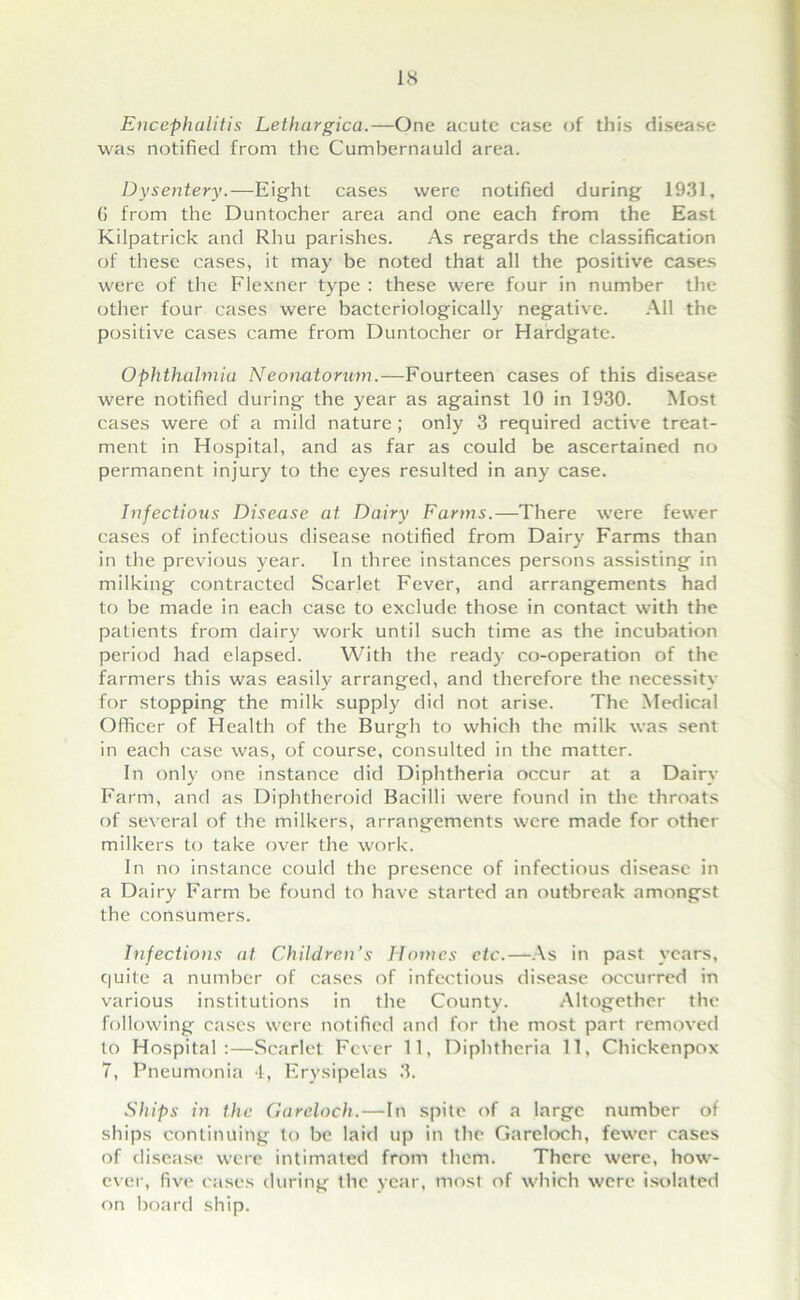 Encephalitis Lethargica.—One acute case of this disease was notified from the Cumbernauld area. Dysentery.—Eight cases were notified during 1931, 6 from the Duntocher area and one each from the East Kilpatrick and Rhu parishes. As regards the classification of these cases, it may be noted that all the positive cases were of the Flexner type : these were four in number the other four cases were bacteriologically negative. All the positive cases came from Duntocher or Hardgate. Ophthalmia Neonatorum.—Fourteen cases of this disease were notified during the year as against 10 in 1930. Most cases were of a mild nature; only 3 required active treat- ment in Hospital, and as far as could be ascertained no permanent injury to the eyes resulted in any case. Infectious Disease at Dairy Farms.—There were fewer cases of infectious disease notified from Dairy Farms than in the previous year. In three instances persons assisting in milking contracted Scarlet Fever, and arrangements had to be made in each case to exclude those in contact with the patients from dairy work until such time as the incubation period had elapsed. With the ready co-operation of the farmers this was easily arranged, and therefore the necessity for stopping the milk supply did not arise. The Medical Officer of Health of the Burgh to which the milk was sent in each case was, of course, consulted in the matter. In only one instance did Diphtheria occur at a Dairy Farm, and as Diphtheroid Bacilli were found in the throats of several of the milkers, arrangements were made for other milkers to take over the work. In no instance could the presence of infectious disease in a Dairy Farm be found to have started an outbreak amongst the consumers. Infections at Children’s Homes etc.—As in past years, quite a number of cases of infectious disease occurred in various institutions in the County. Altogether the following cases were notified and for the most part removed to Hospital:—Scarlet Fever 11, Diphtheria 11, Chickenpox 7, Pneumonia 4, Erysipelas 3. Ships in the Gareloch.—In spite of a large number of ships continuing to be laid up in the Gareloch, fewer cases of disease were intimated from them. There were, how- ever, five cases during the year, most of which were isolated on board ship.