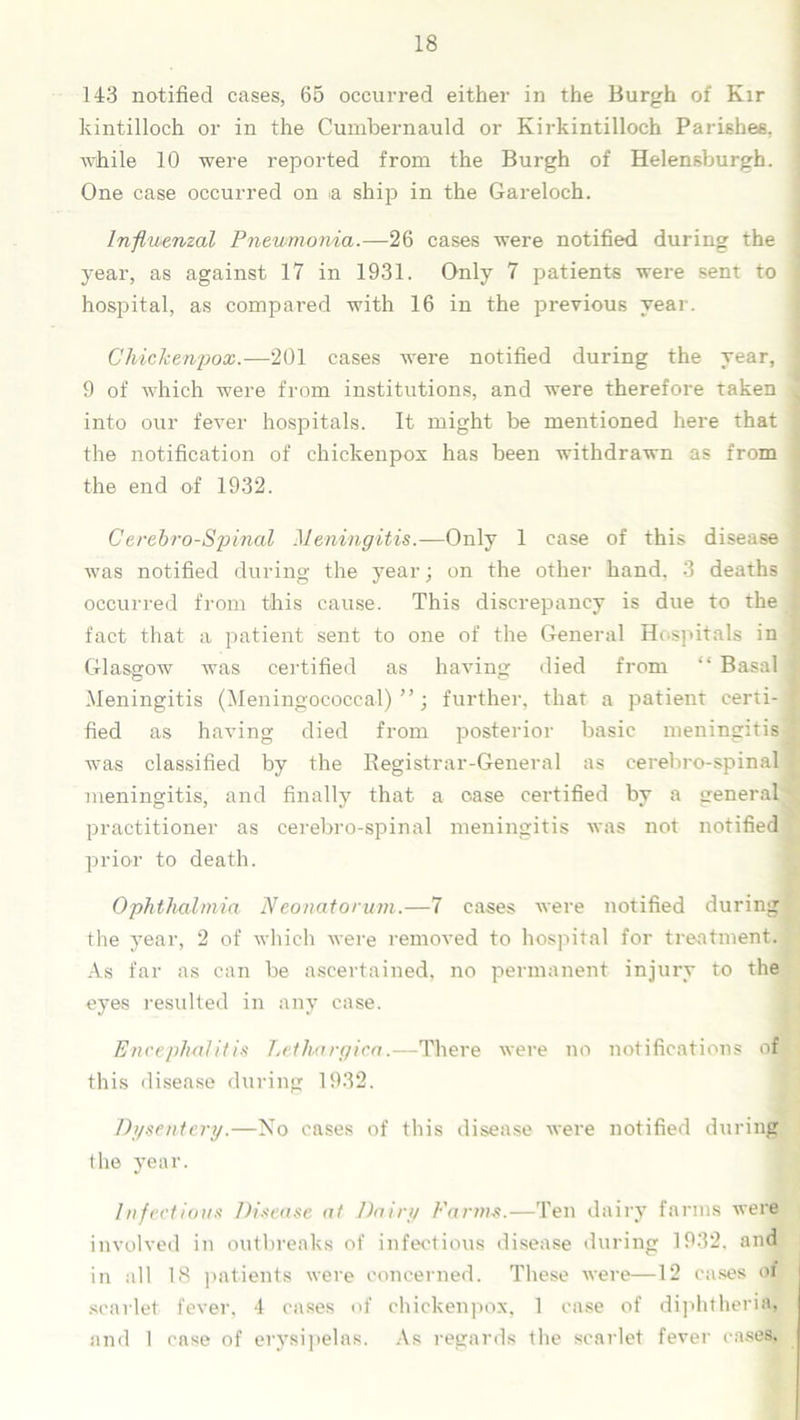 143 notified cases, 65 occurred either in the Burgh of Kir kintilloch or in the Cumbernauld or Kirkintilloch Parishes, while 10 were reported from the Burgh of Helensburgh. One case occurred on a ship in the Gareloch. Influenzal Pneumonia.—26 cases were notified during the year, as against 17 in 1931. Only 7 patients were sent to hospital, as compared with 16 in the previous year. Chickenpox.—201 cases were notified during the year, 9 of which were from institutions, and were therefore taken * into our fever hospitals. It might be mentioned here that the notification of chickenpox has been withdrawn as from the end of 1932. Cerebro-Spinal Meningitis.—Only 1 case of this disease was notified during the year; on the other hand. 3 deaths { occurred from this cause. This discrepancy is due to the I fact that a patient sent to one of the General Hospitals in Glasgow was certified as having died from “ Basal ] Meningitis (Meningococcal)”; further, that a patient certi- f fied as having died from posterior basic meningitis was classified by the Registrar-General as cerebro-spinal* meningitis, and finally that a case certified by a general practitioner as cerebro-spinal meningitis was not notified prior to death. Ophthalmia Neonatorum.—7 cases were notified during the year, 2 of which were removed to hospital for treatment. As far as can be ascertained, no permanent injury to the eyes resulted in any case. Encephalitis Letliargica.—There were no notifications of this disease during 1932. Dysentery.—No cases of this disease were notified during the year. Infectious Disease at Dairy Farms.—Ten dairy farms were involved in outbreaks of infectious disease during 1932, and in all 18 patients were concerned. These were—12 cases of scarlet fever, 4 cases of chickenpox, 1 case of diphtheria, and 1 case of erysipelas. As regards the scarlet fever cases,