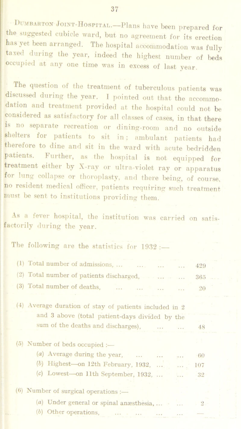 Dumbarton JoiNT-HosPiTAL.-Plans have been prepared for the suggested cubicle ward, but no agreement for its erection has yet been arranged. The hospital accommodation was fully taxed during the year, indeed the highest number of beds occupied at any one time was in excess of last year. The question of the treatment of tuberculous patients was discussed during the year. I pointed out that the accommo- dation and treatment provided at the hospital could not be considered as satisfactory for all classes of oases, in that there is no separate recreation or dining-room and no outside shelters for patients to sit in ; ambulant patients had therefore to dine and sit in the ward with acute bedridden patients. Further, as the hospital is not equipped for treatment either by X-ray or ultra-violet ray or apparatus for lung collapse or thoroplasty, and there being, of course, no resident medical officer, patients requiring such treatment must be sent to institutions providing them. As a revei hospital, the institution was carried on satis- factorily during the year. The following are the statistics for 1932: (1) Total number of admissions, ... ... ... ... 429 (2) Total number of patients discharged, ... ... 365 (3) Total number of deaths, 20 (4) Average duration of stay of patients included in 2 and 3 above (total patient-days divided by the sum of the deaths and discharges), ... ... 48 (0) Number of beds occupied :— (a) Average during the year, ... 60 (b) Highest—on 12th February, 1932, 107 (c) Lowest—on 11th September, 1932 32 (6) Number of surgical operations :— (a) Under general or spinal anaesthesia, ... ... 2 (b) Other operations, ... ... ... ... —