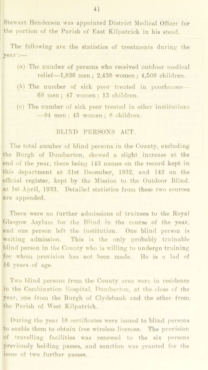 Stewart Henderson was appointed District Medical Officer for the portion of the Parish of East Kilpatrick in his stead. The following are the statistics of treatments during the year:— (a) The number of persons who received outdoor medical relief—1,836 men; 2,438 women; 4,509 children. (b) The number of sick poor treated in poorhouses 68 men; 47 women; 13 children. (c) The number of sick poor treated in other institutions —94 men; 45 women; 8 children. BLIND PERSONS ACT. The total number of blind persons in the County, excluding the Burgh of Dumbarton, showed a slight increase at the end of the year, there being 143 names on the record kept in this department at 31st December, 1932, and 142 on the official register, kept by the Mission to the Outdoor Blind, at 1st April, 1933. Detailed statistics from these two sources are appended. There were no further admissions of trainees to the Royal Glasgow Asylum for the Blind in the course of the year, and one person left the institution. One blind person is waiting admission. This is the only probably trainable blind person in the County who is willing to undergo training for whom provision has not been made. He is a lad of 16 years of age. Two blind persons from the County area were in residence in the Combination Hospital, Dumbarton, at the close of the year, one from the Burgh of Clydebank and the other from,, the Parish of West Kilpatrick. During the year 18 certificates wrere issued to blind persons to enable them to obtain free wireless licences. The provision of travelling facilities was renewed to the six persons previously holding passes, and sanction was granted for the issue of two further passes.