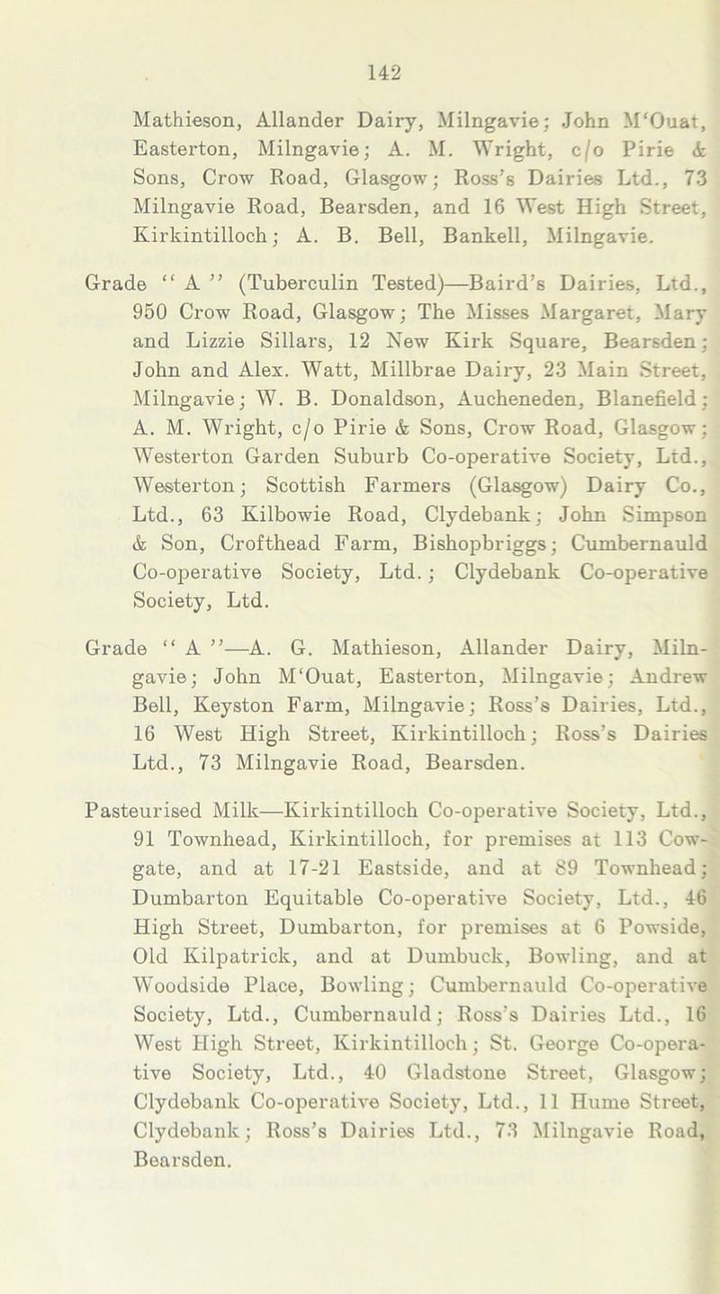 Mathieson, Allander Dairy, Milngavie; John M'Ouat, Easterton, Milngavie; A. M. Wright, cjo Pirie A Sons, Crow Road, Glasgow; Ross’s Dairies Ltd., 73 Milngavie Road, Bearsden, and 16 West High Street, Kirkintilloch; A. B. Bell, Bankell, Milngavie. Grade “ A ” (Tuberculin Tested)—Baird’s Dairies, Ltd., 950 Crow Road, Glasgow; The Misses Margaret, Mary and Lizzie Sillars, 12 New Kirk Square, Bearsden; John and Alex. Watt, Millbrae Dairy, 23 Main Street, Milngavie; W. B. Donaldson, Aucheneden, Blanefield; A. M. Wright, c/o Pirie & Sons, Crow Road, Glasgow; Westerton Garden Suburb Co-operative Society, Ltd., Westerton; Scottish Farmers (Glasgow) Dairy Co., Ltd., 63 Kilbowie Road, Clydebank; John Simpson A Son, Crofthead Farm, Bishopbriggs; Cumbernauld Co-operative Society, Ltd.; Clydebank Co-operative Society, Ltd. Grade “ A ”—A. G. Mathieson, Allander Dairy, Miln- gavie; John M‘Ouat, Easterton, Milngavie; Andrew Bell, Keyston Farm, Milngavie; Ross’s Dairies, Ltd., 16 West High Street, Kirkintilloch; Ross’s Dairies Ltd., 73 Milngavie Road, Bearsden. Pasteurised Milk—Kirkintilloch Co-operative Society, Ltd., 91 Townhead, Kirkintilloch, for premises at 113 Cow- gate, and at 17-21 Eastside, and at 89 Townhead; Dumbarton Equitable Co-operative Society, Ltd., 46 High Street, Dumbarton, for premises at 6 Powside, Old Kilpatrick, and at Dumbuck, Bowling, and at Woodside Place, Bowling; Cumbernauld Co-operative Society, Ltd., Cumbernauld; Ross’s Dairies Ltd., 16 West High Street, Kirkintilloch; St. George Co-opera- tive Society, Ltd., 40 Gladstone Street, Glasgow; Clydebank Co-operative Society, Ltd., 11 Hume Street, Clydebank; Ross’s Dairies Ltd., 73 Milngavie Road, Bearsden.
