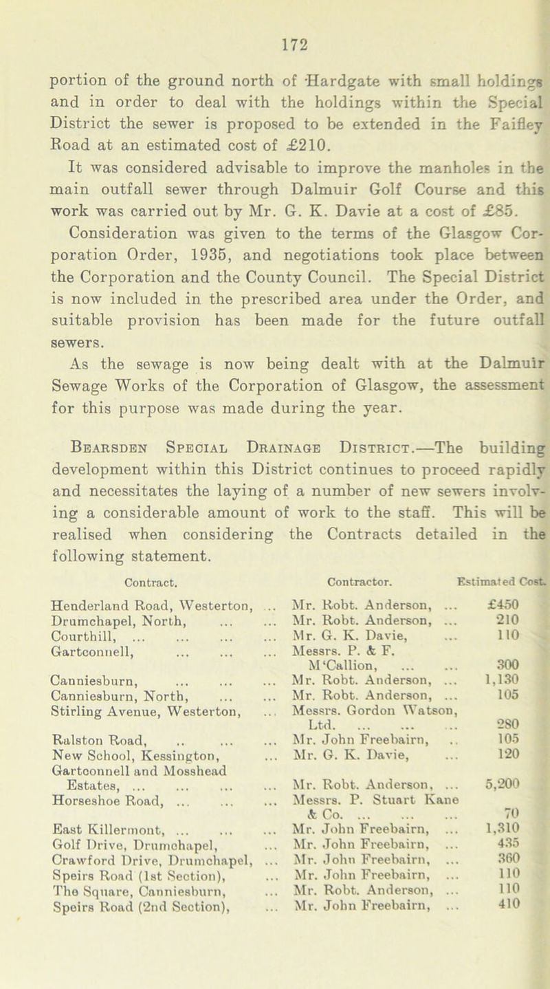 portion of the ground north of -Hardgate with small holdings and in order to deal with the holdings within the Special District the sewer is proposed to be extended in the Faifley Road at an estimated cost of £210. It was considered advisable to improve the manholes in the main outfall sewer through Dalmuir Golf Course and this work was carried out by Mr. G. K. Davie at a cost of £85. Consideration was given to the terms of the Glasgow Cor- poration Order, 1935, and negotiations took place between the Corporation and the County Council. The Special District is now included in the prescribed area under the Order, and suitable provision has been made for the future outfall sewers. As the sewage is now being dealt with at the Dalmuir Sewage Woi'ks of the Corporation of Glasgow, the assessment for this purpose was made during the year. Bearsden Special Drainage District.—The building development within this District continues to proceed rapidly and necessitates the laying of a number of new sewers involv- ing a considerable amount of work to the staff. This will be realised when considering the Contracts detailed in the following statement. Contract. Contractor. Estimated Cost. Henderland Road, Westerton, ... Mr. Robt. Anderson, ... £450 Drumchapel, North, ... Mr. Robt. Anderson, ... 210 Courthill, ... Mr. G. K. Davie, 110 Gartconnell, ... Messrs. P. <fc F. M'Callion, 300 Canniesburn, ... Mr. Robt. Anderson, ... 1,130 Canniesburn, North, ... Mr. Robt. Anderson, ... 105 Stirling Avenue, Westerton, Messrs. Gordon Watson, Ltd 280 Ralston Road, ... Mr. John Freebairn, 105 New School, Kessington, Gartoonnell and Mosshead ... Mr. G. K. Davie, 120 Estates, ... ... Mr. Robt. Anderson, ... 5,200 Horseshoe Road, ... ... Messrs. P. Stuart Kane & Co 70 East Killermont, ... ... Mr. John Freebairn, 1,310 Golf Drive, Drumohapel, Mr. John Freebairn, 435 Crawford Drive, Drumchapel, ... Mr. John Freebairn, ... 360 Speirs Road (1st Seotion), ... Mr. John Freebairn, ... 110 The Square, Canniesburn, ... Mr. Robt. Anderson, ... 110 Speirs Road (2nd Section), ... Mr. John Freebairn, ... 410