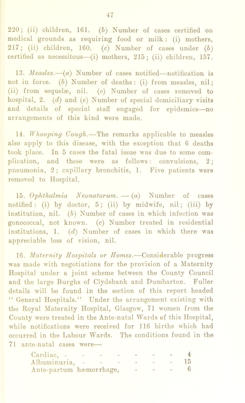 220; (ii) children, 161. (b) Number of cases certified on medical grounds as requiring food or milk : (i) mothers, 217; (ii) children, 160. (c) Number of cases under (b) certified as necessitous—(i) mothers, 215; (ii) children, 157. 13. Measles.-—(a) Number of cases notified—notification is not in force. (b) Number of deaths: (i) from measles, nil; (ii) from sequelae, nil. (c) Number of cases removed to hospital, 2. (d) and (e) Number of special domiciliary visits and details of special staff engaged for epidemics—no arrangements of this kind were made. 14. Whooping Cough.—The remarks applicable to measles also apply to this disease, with the exception that 6 deaths took place. In 5 cases the fatal issue was due to some com- plication, and these were as follows: convulsions, 2; pneumonia, 2; capillary bronchitis, 1. Five patients were removed to Hospital. 15. Ophthalmia Neonatorum. — (a) Number of cases notified: (i) by doctor, 5; (ii) by midwife, nil; (iii) by institution, nil. (b) Number of cases in which infection was gonococcal, not known, (c) Number treated in residential institutions, 1. (d) Number of cases in which there was appreciable loss of vision, nil. 16. Maternity Hospitals or Homes.—Considerable progress was made with negotiations for the provision of a Maternity Hospital under a joint scheme between the County Council and the large Burghs of Clydebank and Dumbarton. Fuller details will be found in the section of this report headed “ General Hospitals.” Under the arrangement existing with the Royal Maternity Hospital, Glasgow, 71 women from the County were treated in the Ante-natal Wards of this Hospital, while notifications were received for 116 births which had occurred in the Labour Wards. The conditions found in the 71 ante-natal cases were—• Cardiac, -------4 Albuminuria, ------ 15 Ante-partum haemorrhage, - - - 6