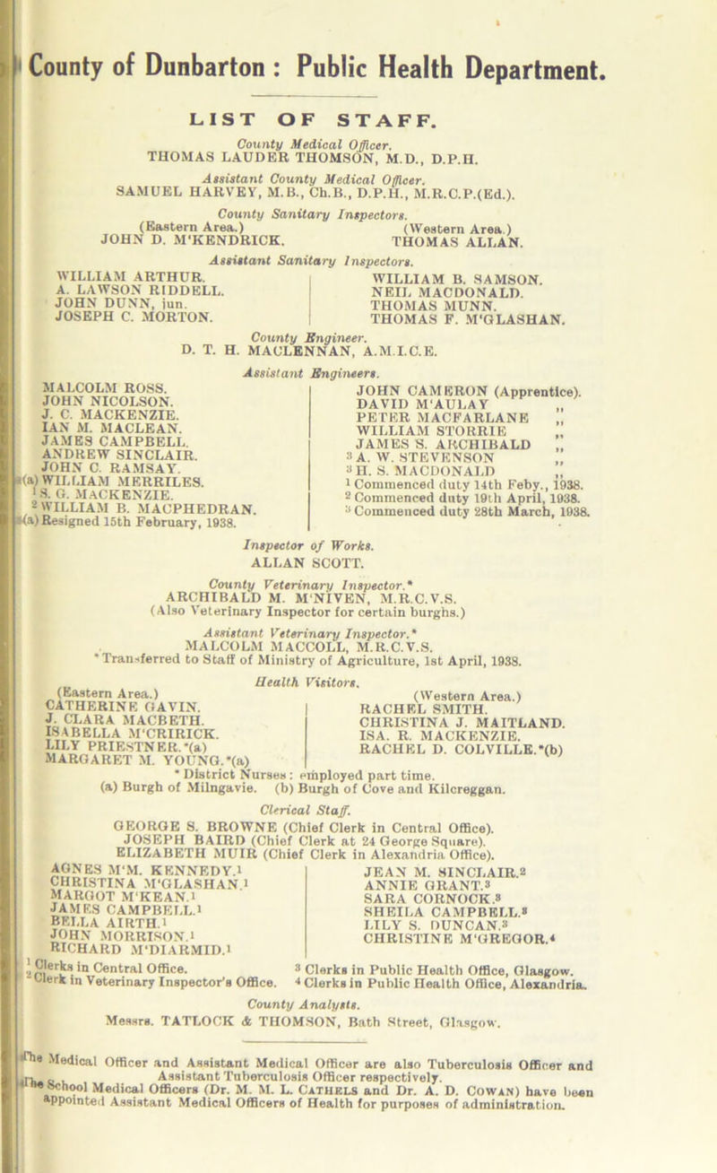 f County of Dunbarton : Public Health Department LIST OF STAFF. County Medical Officer. THOMAS LAUDER THOMSON, M.D., D.P.H. Assistant County Medical Officer. SAMUEL HARVEY, M.B., Ch.B., D.P.H., M.R.C.P.(Ed.). County Sanitary Inspectors. (Eastern Area.) (Western Area.) JOHN D. M'KENDRICK, THOMAS ALLAN. Assistant Sanitary Inspectors. WILLIAM ARTHUR. A. LAWSON RIDDELL. JOHN DUNN, jun. JOSEPH C. MORTON. WILLIAM B. SAMSON. NEIL MACDONALD. THOMAS MUNN. THOMAS F. M'GLASHAN. County Engineer. D. T. H. MACLENNAN, A.M.I.C.E. Assistant MALCOLM ROSS. JOHN NICOLSON. J. C. MACKENZIE. IAN M. MACLEAN. JAMES CAMPBELL. ANDREW SINCLAIR. JOHN C. RAMSAY. 1(a) W1L LIAM M ERRILES. 1 S. G. MACKENZIE. 2 WILLIAM B. MACPHEDRAN. I<a)Resigned 15th February, 1938. Engineers. JOHN CAMERON (Apprentice). DAVID M'AULAY PETER MACFARLANE WILLIAM STORRIE JAMES S. ARCHIBALD 8 A. W. STEVENSON 3H. S. MACDONALD 1 Commenced duty 14th Feby., 1938. 2 Commenced duty 19th April, 1938. a Commenced duty 28th March, 1938. Inspector of Works. ALLAN SCOTT. County Veterinary Inspector* ARCHIBALD M. M NIVEN, M.R.C.V.S. (Also Veterinary Inspector for certain burghs.) Assistant Veterinary Inspector.* MALCOLM MACCOLL, M.R.C.V.S. 'Transferred to Staff of Ministry of Agriculture, 1st April, 1938. (Western Area.) RACHEL SMITH. CHRISTINA J. MAITLAND. ISA. R. MACKENZIE. RACHEL D. COLVILLE.*(b) IIealth Visitors. (Eastern Area.) CATHERINE GAVIN. J. CLARA MACBETH. ISABELLA M'CRIRICK. LILY PRIESTNER. *(a) MARGARET M. YOUNG.*(a) * District Nurses : employed part time. (a) Burgh of Milngavie. (b) Burgh of Cove and Kilcreggan. Clerical Staff. GEORGE S. BROWNE (Chief Clerk in Central Office). JOSEPH BAIRD (Chief Clerk at 24 George Square). ELIZABETH MUIR (Chief Clerk in Alexandria Office). AGNES M‘M. KENNEDY.l CHRISTINA M'OLASHAN l MARGOT M KEAN.l JAMES CAMPBELL.! BELLA AIRTH.l JOHN MORRISON.! RICHARD M'DIARMID.i l Clerks in Central Office. -Clerk in Veterinary Inspector’s Office. JEAN M. SINCLAIR.2 ANNIE GRANT.3 SARA CORNOCK.8 SHEILA CAMPBELL.8 LILY S. DUNCAN.8 CHRISTINE M'UREGOR.4 3 Clerks in Public Health Office, Glasgow. 4 Clerks in Public Health Office, Alexandria. County Analysts. Messrs. TATLOCK * THOMSON, Bath Street, Olasgow. The Medical Officer and Assistant Medical Officer are also Tuberculosis Officer and c Assistant Tuberculosis Officer respectively. • 1 Medical Officers (Dr. M. M. L. Cathels and Dr. A. D. Cowan) have been appointed Assistant Medical Officers of Health for purposes of administration.