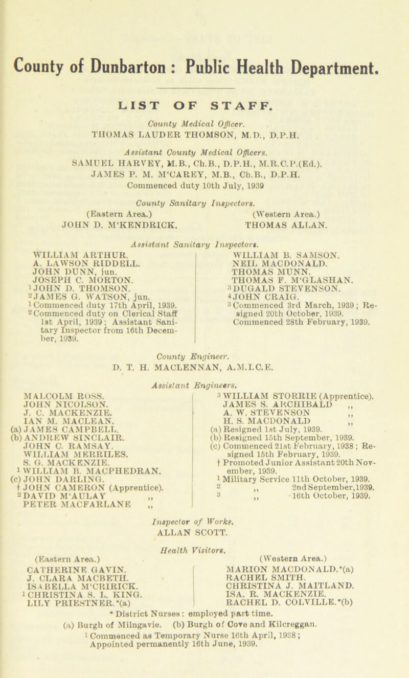 County of Dunbarton : Public Health Department LIST OF STAFF. County Medical Officer. THOMAS LAUDER THOM80N, M.D., D.P.H. Assistant County Medical Officers. SAMUEL HARVEY, M.B., Ch.B., D.P.H., M.R.C.P.(Ed.). JAMES P. M. M'CAREY, M.B., Ch.B., D.P.H. Commenced duty 10th July, 1939 County Sanitary Inspectors. (Eastern Area.) (Western Area.) JOHN D. M'KENDRICK. THOMAS ALLAN. Assistant Sanitary Inspectors. WILLIAM ARTHUR. A. LAWSON RIDDELL. JOHN DUNN, jun. JOSEPH C. MORTON. 'JOHN D. THOMSON. 2 JAMES G. WATSON, jun. 1 Commenced duty 17th April, 1939. 2Commenced duty on Clerical Staff 1st April, 1939; Assistant Sani- tary Inspector from 16th Decem- ber, 1939. WILLIAM B. SAMSON. NEIL MACDONALD. THOMAS MUNN. THOMAS F. M'GLASHAN. 3DUGALD STEVENSON. * JOHN CRAIG. 3 Commenced 3rd March, 1939; Re- signed 20th October, 1939. Commenced 28th February, 1939. County Engineer. D. T. H. MACLENNAN, A.M.I.C.E. Assistant Engineers. MALCOLM ROSS. JOHN NICOLSON. J. C. MACKENZIE. IAN M. MACLEAN. (a) JAMES CAMPBELL. (b) ANDREW SINCLAIR. JOHN C. RAMSAY. WILLIAM MERRILES. S. G. MACKENZIE. 1 WILLIAM B. MACPHEDRAN. (c) JOHN DARLING. f JOHN CAMERON (Apprentice). 2DAVID M'AULAY PETER MACFARLANE 3 WILLIAM STOIIRIE (Apprentice). JAMES S. ARCHIBALD A. W. STEVENSON H. S. MACDONALD (a) Resigned 1st July, 1939. (b) Resigned 15th September, 1939. (c) Commenced 21st February, 1938 ; Re- signed 16th February, 1939. t Promoted J unior Assistant 20th Nov- ember, 1939. 1 Military Service lltli October, 1939. ,, 2nd September,1939. 3 ,, 16th October, 1939. Inspector of Works. ALLAN SCOTT. Health Visitor's, (Eastern Area.) CATHERINE GAVIN. J. CLARA MACBETH. ISABELLA M'CRIRICK. l CHRISTINA S. L. KING. LILY PRIESTNER.(a) (Western Area.) MARION MACDONALD.(a) RACHEL SMITH. CHRISTINA J. MAITLAND. ISA. R. MACKENZIE. RACHEL D. COLVILLE.*(b) * District Nurses : employed part time. (a) Burgh of Milngavie. (b) Burgh of Core and Kilcreggan. i Commenced as Temporary Nurse 16th April, 1938; Appointed permanently 16th June, 1939.