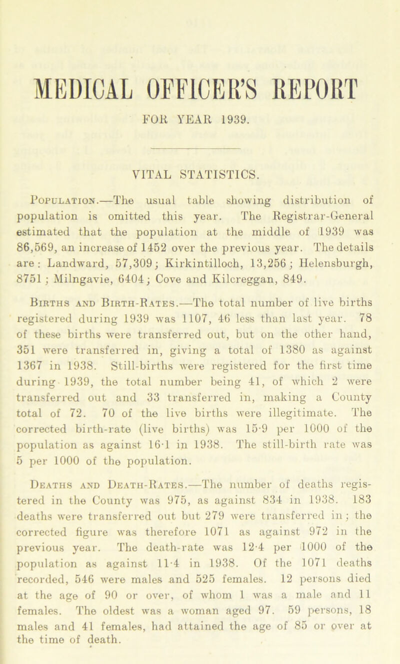 MEDICAL OFFICER’S REPORT FOR YEAR 1939. VITAL STATISTICS. Population.—The usual table showing distribution of population is omitted this year. The Registrar-General estimated that the population at the middle of 11939 was 86,569, an increase of 1452 over the previous year. The details are: Landward, 57,309; Kirkintilloch, 13,256; Helensburgh, 8751 ; Milngavie, 6404; Cove and Kilcreggan, 849. Births and Birth-Rates.—The total number of live births registered during 1939 was 1107, 46 less than last year. 78 of these births were transferred out, but on the other hand, 351 were transferred in, giving a total of 1380 as against 1367 in 1938. Still-births were registered for the first time during 1939, the total number being 41, of which 2 wrere transferred out and 33 transferred in, making a County total of 72. 70 of the live births were illegitimate. The corrected birth-rate (live births) was 15-9 per 1000 of the population as against 16-1 in 1938. The still-birth rate was 5 per 1000 of the population. Deaths and Death-Rates.—The number of deaths regis- tered in the County was 975, as against 834 in 1938. 183 deaths were transferred out but 279 were transferred in; the corrected figure wras therefore 1071 as against 972 in the previous year. The death-rate was 12-4 per 4000 of the population as against 11-4 in 1938. Of the 1071 deaths recorded, 546 were males and 525 females. 12 persons died at the age of 90 or over, of whom 1 was a male and 11 females. The oldest was a woman aged 97. 59 persons, 18 males and 41 females, had attained the age of 85 or over at the time of death.