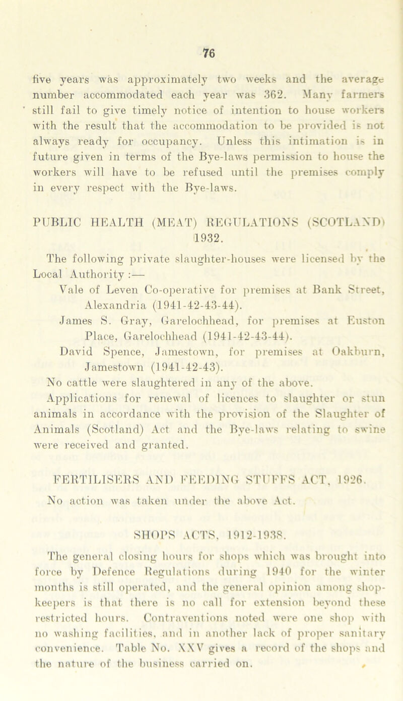 five years was approximately two weeks and the average number accommodated each year was 362. Many farmers still fail to give timely notice of intention to house worker's with the result that the accommodation to be provided is not always ready for occupancy. Unless this intimation is in future given in terms of the Bye-laws permission to house the workers will have to be refused until the premises comply in every respect with the Bye-laws. PUBLIC HEALTH (MEAT) REGULATIONS (SCOTLAND) 11932. The following private slaughter-houses were licensed by the Local Authority :— Vale of Leven Co-operative for premises at Bank Street, Alexandria (1941-42-43-44). James S. Gray, Garelochhead, for premises at Euston Place, Garelochhead (1941-42-43-44). David Spence, Jamestown, for premises at Oakburn, Jamestown (1941-42-43). No cattle were slaughtered in any of the above. Applications for renewal of licences to slaughter or stun animals in accordance with the provision of the Slaughter of Animals (Scotland) Act and the Bye-laws relating to swine were received and granted. FERTILISERS AND FEEDING STUFFS ACT. 1926. No action was taken under the above Act. SHOPS ACTS, 1912-1938. The general closing hours for shops which was brought into force by Defence Regulations during 1940 for the winter months is still operated, and the general opinion among shop- keepers is that there is no call for extension beyond these restricted hours. Contraventions noted were one shop with no washing facilities, and in another lack of proper sanitary convenience. Table No. XXV gives a record of the shops and the nature of the business carried on. ,