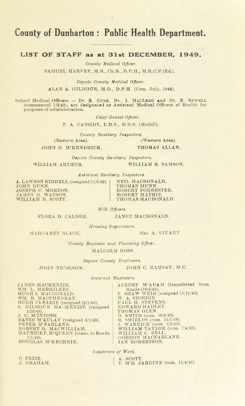 County of Dunbarton : Public Health Department LIST OF STAFF as at 31st DECEMBER, 1949. County Medical Officer. SAMUEL HARVEY, M.B., Ch.B., D.P.IL, M.R.C.P.(Ed.). Depute County Medical Officer. ALAN A. GILMOUR, M.D., D.P.H. (Com. July, 1949). School Medical Officers — Dr. E. Cush, Dr. I. MacLeod and Dr. E. Sewell (commenced 1/9/49), are designated as Assistant Medical Officers of Health for purposes of administration. Chief Dental Officer. F. A. CASSIDY, L.D.S., D.D.S. (McGill). County Sanitary Inepectore. (Eastern Area). (Western Area). JOHN D. M'KENDRICK. THOMAS ALLAN. Depute County Sanitary Inspectors. WILLIAM ARTHUR. WILLIAM B. SAMSON. Assistant Sanitary Inspectors. A. LAWSON RIDDELL (resigned 15/9/49). JOHN DUNN. JOSEPH C. MORTON. JAMES G. WATSON. WILLIAM D. SCOTT. NEIL MACDONALD. THOMAS MUNN. ROBERT FORRESTER. ROBERT MATHIE. THOMAS MACDONALD. Milk Officers. FLORA D. CALDER. JANET MACDONALD. MARGARET BLACK. Housing Supervisors. Mrs. A. STUART County Engineer and Planning Officer. MALCOLM ROSS Depute County Engineers. JOHN NICOLSON. JOHN C. RAMSAY, M.C. Ass is'ant JAMES MACKENZIE. WM L. MERRILEES. HUGH S. MACDONALD. WM. B. MACPHEDRAN. HUGH CLEARIE (resigned (8/1/49). S. GILMOUR MACKENZIE (resigned 1/10/49). J. C. M'INTOSH. DAVID M'AUl.AY (resigned 8/1/49). PETER MFARLANE ROBERT G. MACWILLIAM. MAURICEF.M'QUEKN (trails, to Roads 1/1/49). DOUGLAS M‘KECHNIE. Engineers. ALBERT M'ADAM (transferred from Roads (16/9/49). T. SHAW WEIR (resigned 15/11/49). W. A. STORRIK. PAUL H. STEVENS. EDWARD HADLEY. THOMAS GLEN. D. SMITH (com. 16/8/49). R. SHIELDS (com. 14/2/49). .1. WARRICK (com. 2/5/49). WILLIAM TAYLOR (com. 7/4/49). WILLIAM C. BELL. GORDON MACFARLANE. IAN ROBERTSON. Inspectors of Work. C. FRIZE. | A. SCOTT. J. GRAHAM. | T. M'D. JARDINE (com. 11/4/49).