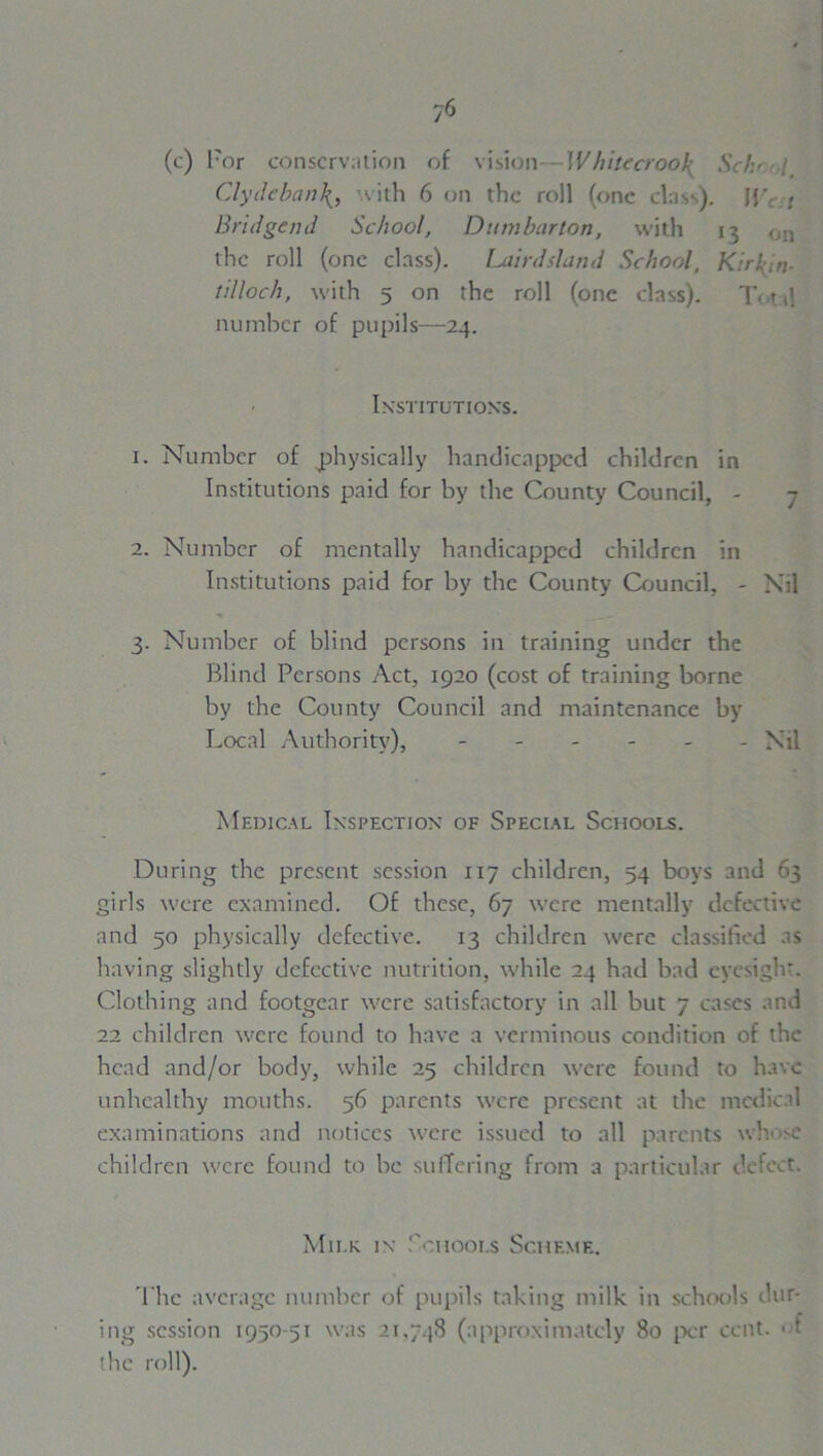 (c) For conservation of vision -IVhitecrooJ^ Sch> ./ CAydeban\, with 6 on the roll (one class). IF. i Bridgend School, Dumbarton, with 13 on the roll (one class). Lairdshind School, Kirkin- tilloch, with 5 on the roll (one class). Total number of pupils—24. Institution's. 1. Number of physically handicapped children in Institutions paid for by the County Council, - 7 2. Number of mentally handicapped children in Institutions paid for by the County Council, - Nil 3. Number of blind persons in training under the Blind Persons Act, 1920 (cost of training borne by the County Council and maintenance by Local Authority), Nil Medical Inspection of Special Schools. During the present session 117 children, 54 boys and 63 girls were examined. Of these, 67 were mentally defective and 50 physically defective. 13 children were classified as having slightly defective nutrition, while 24 had bad eyesight. Clothing and footgear were satisfactory in all but 7 cases and 22 children were found to have a verminous condition of the head and/or body, while 25 children were found to have unhealthy mouths. 56 parents were present at the medical examinations and notices were issued to all parents whose children were found to be suffering from a particular defect. Milk in Fohools Scheme. The average number of pupils taking milk in schools dur- ing session 1950-51 was 21,748 (approximately 80 per cent. • t the roll).