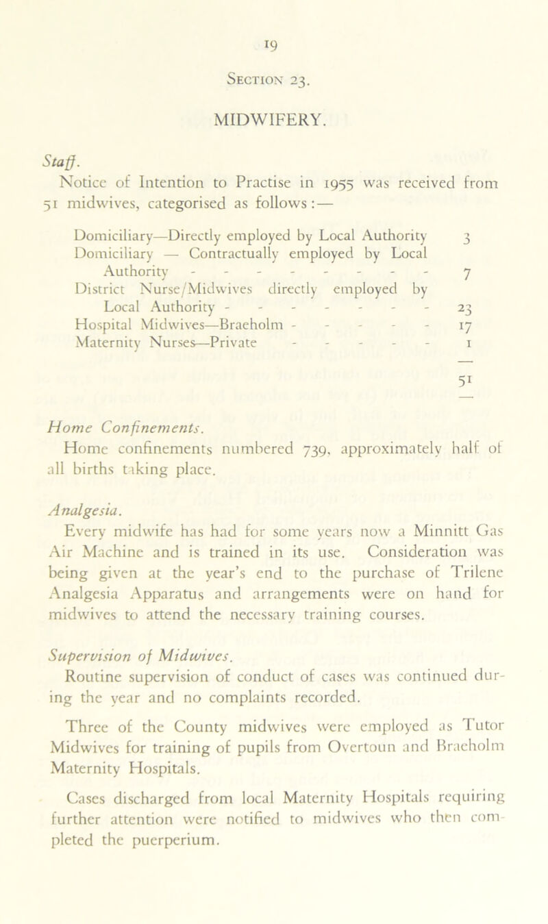 Section 23. MIDWIFERY. Staff. Notice of Intention to Practise in 1955 was received from 51 midwives, categorised as follows: — Domiciliary—Directly employed by Local Audiority 3 Domiciliary — Contractually employed by Local Authority 7 District Nurse/Midwives directly employed by Local Authority 23 Hospital Midwives—Braeholm ----- 17 Maternity Nurses—Private ----- 1 51 Home Confinements. Home confinements numbered 739, approximately half ot all births taking place. Analgesia. Every midwife has had for some years now a Minnitt Gas Air Machine and is trained in its use. Consideration was being given at the year’s end to the purchase of Trilene Analgesia Apparatus and arrangements were on hand for midwives to attend the necessary training courses. Supervision of Mid wives. Routine supervision of conduct of cases was continued dur- ing the year and no complaints recorded. Three of the County midwives were employed as Tutor Midwives for training of pupils from Overtoun and Braeholm Maternity Hospitals. Cases discharged from local Maternity Hospitals requiring further attention were notified to midwives who then com- pleted the puerperium.