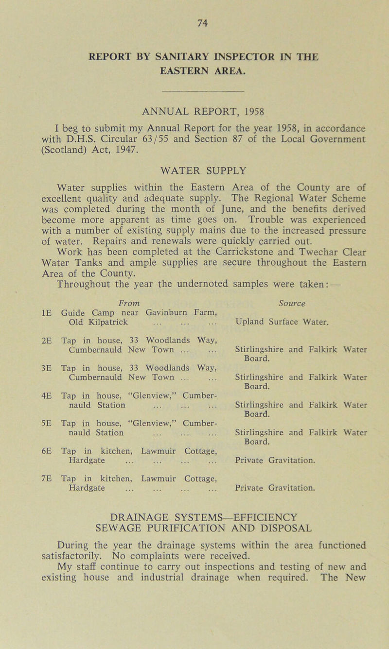 REPORT BY SANITARY INSPECTOR IN THE EASTERN AREA. ANNUAL REPORT, 1958 I beg to submit my Annual Report for the year 1958, in accordance with D.H.S. Circular 63/55 and Section 87 of the Local Government (Scotland) Act, 1947. WATER SUPPLY Water supplies within the Eastern Area of the County are of excellent quality and adequate supply. The Regional Water Scheme was completed during the month of June, and the benefits derived become more apparent as time goes on. Trouble was experienced with a number of existing supply mains due to the increased pressure of water. Repairs and renewals were quickly carried out. Work has been completed at the Carrickstone and Twechar Clear Water Tanks and ample supplies are secure throughout the Eastern Area of the County. Throughout the year the undernoted samples were taken:-— From Source IE Guide Camp near Gavinburn Farm, Old Kilpatrick ... ... ... Upland Surface Water. 2E Tap in house, 33 Woodlands Way, Cumbernauld New Town ... 3E Tap in house, 33 Woodlands Way, Cumbernauld New Town 4E Tap in house, “Glenview,” Cumber- nauld Station 5E Tap in house, “Glenview,” Cumber- nauld Station 6E Tap in kitchen, Lawmuir Cottage, Hardgate Stirlingshire and Falkirk Water Board. Stirlingshire and Falkirk Water Board. Stirlingshire and Falkirk Water Board. Stirlingshire and Falkirk Water Board. Private Gravitation. 7E Tap in kitchen, Lawmuir Cottage, Hardgate Private Gravitation. DRAINAGE SYSTEMS—EFFICIENCY SEWAGE PURIFICATION AND DISPOSAL During the year the drainage systems within the area functioned satisfactorily. No complaints were received. My staff continue to carry out inspections and testing of new and existing house and industrial drainage when required. The New