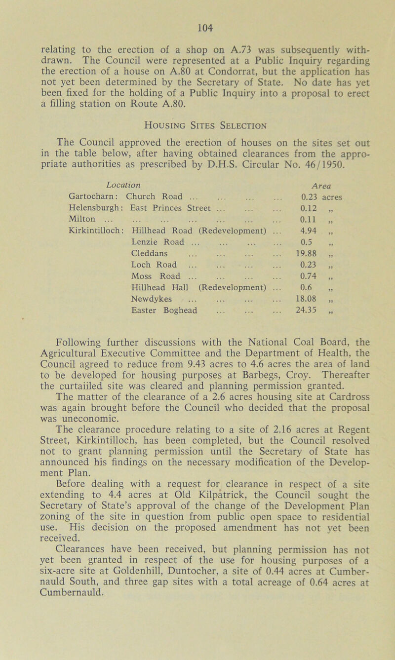 relating to the erection of a shop on A.73 was subsequently with- drawn. The Council were represented at a Public Inquiry regarding the erection of a house on A.80 at Condorrat, but the application has not yet been determined by the Secretary of State. No date has yet been fixed for the holding of a Public Inquiry into a proposal to erect a filling station on Route A.80. Housing Sites Selection The Council approved the erection of houses on the sites set out in the table below, after having obtained clearances from the appro- priate authorities as prescribed by D.H.S. Circular No. 46/1950. Location Area Gartocharn: Church Road ... 0.23 acres Helensburgh: East Princes Street ... 0.12 „ Milton ... 0.11 „ Kirkintilloch Hillhead Road (Redevelopment) ... 4.94 „ Lenzie Road ... ... 0.5 Cleddans 19.88 „ Loch Road 0.23 „ Moss Road ... 0.74 „ Hillhead Hall (Redevelopment) ... 0.6 Newdykes 18.08 „ Easter Boghead 24.35 „ Following further discussions with the National Coal Board, the Agricultural Executive Committee and the Department of Health, the Council agreed to reduce from 9.43 acres to 4.6 acres the area of land to be developed for housing purposes at Barbegs, Croy. Thereafter the curtaiiled site was cleared and planning permission granted. The matter of the clearance of a 2.6 acres housing site at Cardross was again brought before the Council who decided that the proposal was uneconomic. The clearance procedure relating to a site of 2.16 acres at Regent Street, Kirkintilloch, has been completed, but the Council resolved not to grant planning permission until the Secretary of State has announced his findings on the necessary modification of the Develop- ment Plan. Before dealing with a request for clearance in respect of a site extending to 4.4 acres at Old Kilpatrick, the Council sought the Secretary of State’s approval of the change of the Development Plan zoning of the site in question from public open space to residential use. His decision on the proposed amendment has not yet been received. Clearances have been received, but planning permission has not yet been granted in respect of the use for housing purposes of a six-acre site at Goldenhill, Duntocher, a site of 0.44 acres at Cumber- nauld South, and three gap sites with a total acreage of 0.64 acres at Cumbernauld.