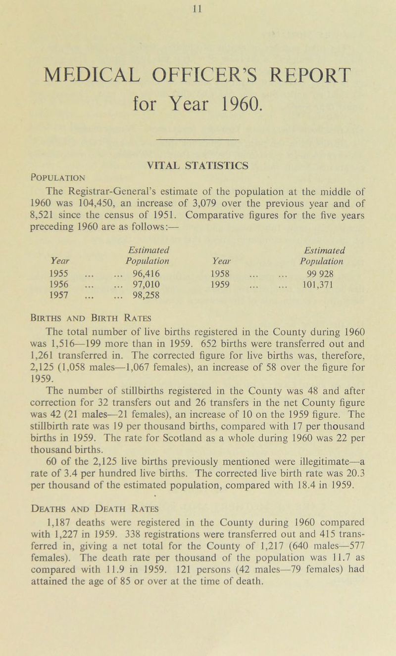 MEDICAL OFFICER’S REPORT for Year 1960. VITAL STATISTICS Population The Registrar-General’s estimate of the population at the middle of 1960 was 104,450, an increase of 3,079 over the previous year and of 8,521 since the census of 1951. Comparative figures for the five years preceding 1960 are as follows:— Estimated Estimated Year Population Year Population 1955 ... 96,416 1958 99 928 1956 ... ... 97,010 1959 101,371 1957 ... 98,258 Births and Birth Rates The total number of five births registered in the County during 1960 was 1,516—199 more than in 1959. 652 births were transferred out and 1,261 transferred in. The corrected figure for five births was, therefore, 2,125 (1,058 males—1,067 females), an increase of 58 over the figure for 1959. The number of stillbirths registered in the County was 48 and after correction for 32 transfers out and 26 transfers in the net County figure was 42 (21 males—21 females), an increase of 10 on the 1959 figure. The stillbirth rate was 19 per thousand births, compared with 17 per thousand births in 1959. The rate for Scotland as a whole during 1960 was 22 per thousand births. 60 of the 2,125 live births previously mentioned were illegitimate—a rate of 3.4 per hundred live births. The corrected Live birth rate was 20.3 per thousand of the estimated population, compared with 18.4 in 1959. Deaths and Death Rates 1,187 deaths were registered in the County during I960 compared with 1,227 in 1959. 338 registrations were transferred out and 415 trans- ferred in, giving a net total for the County of 1,217 (640 males—577 females). The death rate per thousand of the population was 11.7 as compared with 11.9 in 1959. 121 persons (42 males—79 females) had attained the age of 85 or over at the time of death.