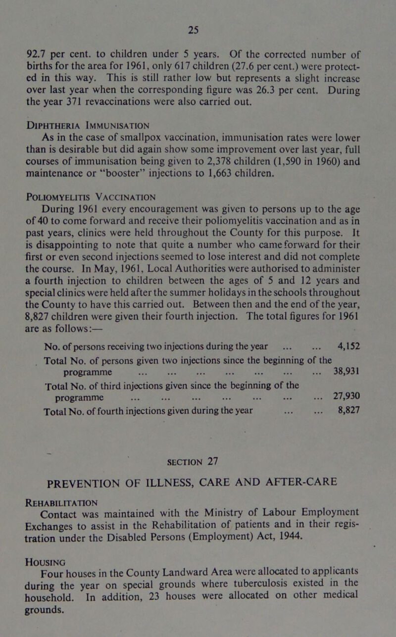 92.7 per cent, to children under 5 years. Of the corrected number of births for the area for 1961, only 617 children (27.6 percent.) were protect- ed in this way. This is still rather low but represents a slight increase over last year when the corresponding figure was 26.3 per cent. During the year 371 revaccinations were also carried out. Diphtheria Immunisation As in the case of smallpox vaccination, immunisation rates were lower than is desirable but did again show some improvement over last year, full courses of immunisation being given to 2,378 children (1,590 in 1960) and maintenance or “booster” injections to 1,663 children. Poliomyelitis Vaccination During 1961 every encouragement was given to persons up to the age of 40 to come forward and receive their poliomyelitis vaccination and as in past years, clinics were held throughout the County for this purpose. It is disappointing to note that quite a number who came forward for their first or even second injections seemed to lose interest and did not complete the course. In May, 1961, Local Authorities were authorised to administer a fourth injection to children between the ages of 5 and 12 years and special clinics were held after the summer holidays in the schools throughout the County to have this carried out. Between then and the end of the year, 8,827 children were given their fourth injection. The total figures for 1961 are as follows:— No. of persons receiving two injections during the year 4,152 Total No. of persons given two injections since the beginning of the programme 38,931 Total No. of third injections given since the beginning of the programme 27,930 Total No. of fourth injections given during the year 8,827 SECTION 27 PREVENTION OF ILLNESS, CARE AND AFTER-CARE Rehabilitation Contact was maintained with the Ministry of Labour Employment Exchanges to assist in the Rehabilitation of patients and in their regis- tration under the Disabled Persons (Employment) Act, 1944. Housing Four houses in the County Landward Area were allocated to applicants during the year on special grounds where tuberculosis existed in the household. In addition, 23 houses were allocated on other medical grounds.