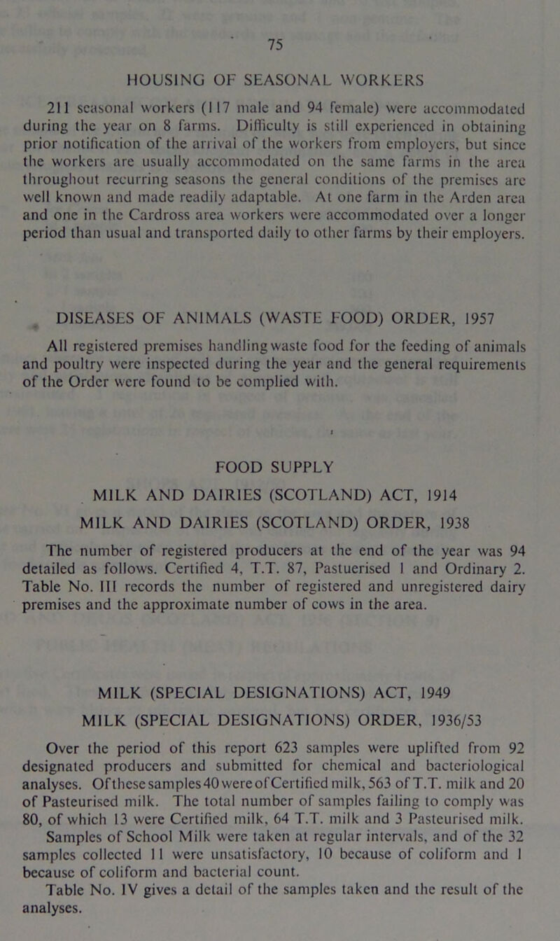 HOUSING OF SEASONAL WORKERS 211 seasonal workers (117 male and 94 female) were accommodated during the year on 8 farms. Difficulty is still experienced in obtaining prior notification of the arrival of the workers from employers, but since the workers are usually accommodated on the same farms in the area throughout recurring seasons the general conditions of the premises are well known and made readily adaptable. At one farm in the Arden area and one in the Cardross area workers were accommodated over a longer period than usual and transported daily to other farms by their employers. DISEASES OF ANIMALS (WASTE FOOD) ORDER, 1957 All registered premises handling waste food for the feeding of animals and poultry were inspected during the year and the general requirements of the Order were found to be complied with. FOOD SUPPLY MILK AND DAIRIES (SCOTLAND) ACT, 1914 MILK AND DAIRIES (SCOTLAND) ORDER, 1938 The number of registered producers at the end of the year was 94 detailed as follows. Certified 4, T.T. 87, Pastuerised I and Ordinary 2. Table No. Ill records the number of registered and unregistered dairy premises and the approximate number of cows in the area. MILK (SPECIAL DESIGNATIONS) ACT, 1949 MILK (SPECIAL DESIGNATIONS) ORDER. 1936/53 Over the period of this report 623 samples were uplifted from 92 designated producers and submitted for chemical and bacteriological analyses. Of these samples 40 were of Certified milk, 563 of T.T. milk and 20 of Pasteurised milk. The total number of samples failing to comply was 80, of which 13 were Certified milk, 64 T.T. milk and 3 Pasteurised milk. Samples of School Milk were taken at regular intervals, and of the 32 samples collected 11 were unsatisfactory, 10 because of coliform and 1 because of coliform and bacterial count. Table No. IV gives a detail of the samples taken and the result of the analyses.