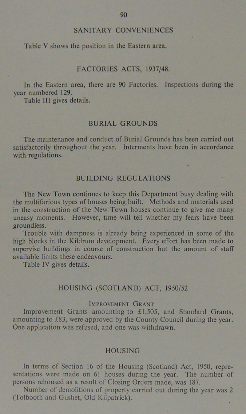 SANITARY CONVENIENCES Table V shows the position in the Eastern area. FACTORIES ACTS, 1937/48. In the Eastern area, there are 90 Factories. Inspections during the year numbered 129. Table III gives details. BURIAL GROUNDS The maintenance and conduct of Burial Grounds has been carried out satisfactorily throughout the year. Interments have been in accordance with regulations. BUILDING REGULATIONS The New Town continues to keep this Department busy dealing with the multifarious types of houses being built. Methods and materials used in the construction of the New Town houses continue to give me many uneasy moments. Flowever, time will tell whether my fears have been groundless. Trouble with dampness is already being experienced in some of the high blocks in the Kildrum development. Every effort has been made to supervise buildings in course of construction but the amount of staff available limits these endeavours. Table IV gives details. HOUSING (SCOTLAND) ACT, 1950/52 Improvement Grant Improvement Grants amounting to £1,505, and Standard Grants, amounting to £83, were approved by the County Council during the year. One application was refused, and one was withdrawn. HOUSING In terms of Section 16 of the Housing (Scotland) Act, 1950, repre- sentations were made on 61 houses during the year. The number of persons rehoused as a result of Closing Orders made, was 187. Number of demolitions of property carried out during the year was 2 (Tolbooth and Gushet, Old Kilpatrick).