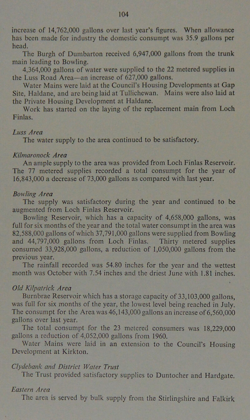 increase of 14,762,000 gallons over last year’s figures. When allowance has been made for industry the domestic consumpt was 35.9 gallons per head. The Burgh of Dumbarton received 6,947,000 gallons from the trunk main leading to Bowling. 4,364,000 gallons of water were supplied to the 22 metered supplies in the Luss Road Area—an increase of 627,000 gallons. Water Mains were laid at the Council’s Housing Developments at Gap Site, Haldane, and arc being laid at Tullichcwan. Mains were also laid at the Private Housing Development at Haldane. Work has started on the laying of the replacement main from Loch Finlas. Luss Area The water supply to the area continued to be satisfactory. Kilmaronock Area An ample supply to the area was provided from Loch Finlas Reservoir. The 77 metered supplies recorded a total consumpt for the year of 16.843.000 a decrease of 73,000 gallons as compared with last year. Bowling Area The supply was satisfactory during the year and continued to be augmented from Loch Finlas Reservoir. Bowling Reservoir, which has a capacity of 4,658,000 gallons, was full for six months of the year and the total water consumpt in the area was 82.588.000 gallons of which 37,791,000 gallons were supplied from Bowling and 44,797,000 gallons from Loch Finlas. Thirty metered supplies consumed 33,928,000 gallons, a reduction of 1,050,000 gallons from the previous year. The rainfall recorded was 54.80 inches for the year and the wettest month was October with 7.54 inches and the driest June with 1.81 inches. Old Kilpatrick Area Burnbrae Reservoir which has a storage capacity of 33,103,000 gallons, was full for six months of the year, the lowest level being reached in July. The consumpt for the Area was 46,143,000 gallons an increase of 6,560,000 gallons over last year. The total consumpt for the 23 metered consumers was 18,229,000 gallons a reduction of 4,052,000 gallons from 1960. Water Mains were laid in an extension to the Council’s Housing Development at Kirkton. Clydebank and District Water Trust The Trust provided satisfactory supplies to Duntocher and Hardgatc. Eastern Area The area is served by bulk supply from the Stirlingshire and Falkirk