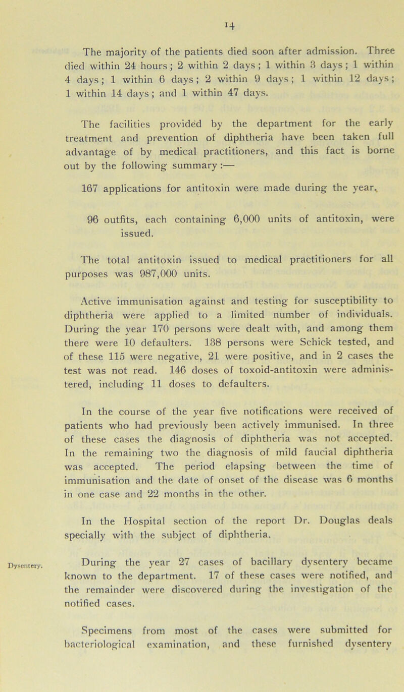 Dysentery. The majority of the patients died soon after admission. Three died within 24 hours; 2 within 2 days ; 1 within 3 days; 1 within 4 days; 1 within 6 days; 2 within 9 days; l within 12 days; 1 within 14 days; and 1 within 47 days. The facilities provided by the department for the early treatment and prevention of diphtheria have been taken full advantage of by medical practitioners, and this fact is borne out by the following summary :— 167 applications for antitoxin were made during the year. 96 outfits, each containing 6,000 units of antitoxin, were issued. The total antitoxin issued to medical practitioners for all purposes was 987,000 units. Active immunisation against and testing for susceptibility to diphtheria were applied to a limited number of individuals. During the year 170 persons were dealt with, and among them there were 10 defaulters. 138 persons were Schick tested, and of these 115 were negative, 21 were positive, and in 2 cases the test was not read. 146 doses of toxoid-antitoxin were adminis- tered, including 11 doses to defaulters. In the course of the year five notifications were received of patients who had previously been actively immunised. In three of these cases the diagnosis of diphtheria was not accepted. In the remaining two the diagnosis of mild faucial diphtheria was accepted. The period elapsing between the time of immunisation and the date of onset of the disease was 6 months in one case and 22 months in the other. In the Hospital section of the report Dr. Douglas deals specially with the subject of diphtheria. During the year 27 cases of bacillary dysentery became known to the department. 17 of these cases were notified, and the remainder were discovered during the investigation of the notified cases. Specimens from most of the cases were submitted for bacteriological examination, and these furnished dysentery