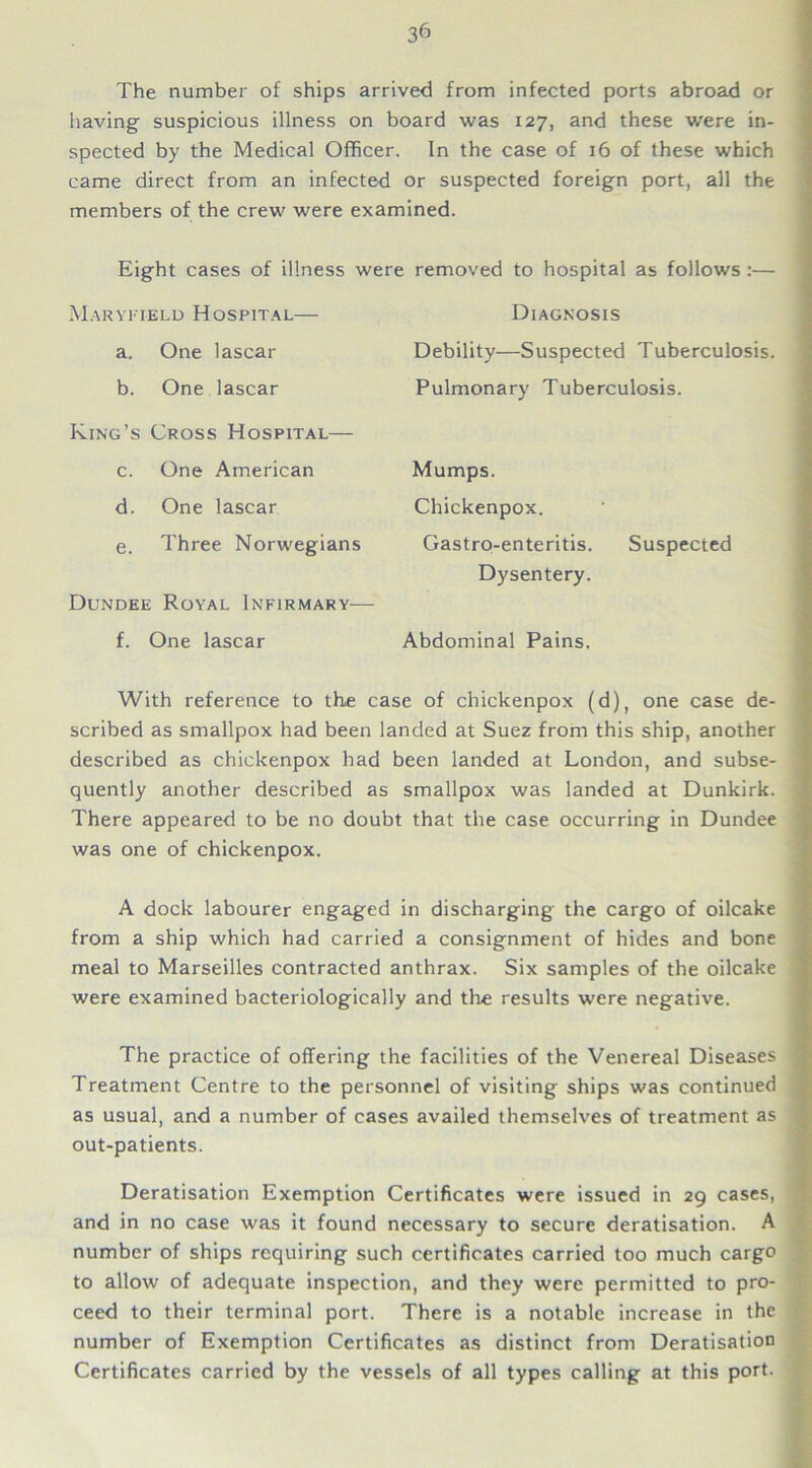 The number of ships arrived from infected ports abroad or having suspicious illness on board was 127, and these were in- spected by the Medical Officer. In the case of 16 of these which came direct from an infected or suspected foreign port, all the members of the crew were examined. Eight cases of illness were removed to hospital as follows :— Maryfield Hospital— Diagnosis a. One lascar Debility—Suspected Tuberculosis. b. One lascar Pulmonary Tuberculosis. King’s Cross Hospital— c. One American Mumps. d. One lascar Chickenpox. e. Three Norwegians Gastro-enteritis. Suspected Dysentery. Dundee Royal Infirmary— f. One lascar Abdominal Pains. With reference to the case of chickenpox (d), one case de- scribed as smallpox had been landed at Suez from this ship, another described as chickenpox had been landed at London, and subse- quently another described as smallpox was landed at Dunkirk. There appeared to be no doubt that the case occurring in Dundee was one of chickenpox. A dock labourer engaged in discharging the cargo of oilcake from a ship which had carried a consignment of hides and bone meal to Marseilles contracted anthrax. Six samples of the oilcake were examined bacteriologically and the results were negative. The practice of offering the facilities of the Venereal Diseases Treatment Centre to the personnel of visiting ships was continued as usual, and a number of cases availed themselves of treatment as out-patients. Deratisation Exemption Certificates were issued in 29 cases, and in no case was it found necessary to secure deratisation. A number of ships requiring such certificates carried too much cargo to allow of adequate inspection, and they were permitted to pro- ceed to their terminal port. There is a notable increase in the number of Exemption Certificates as distinct from Deratisation Certificates carried by the vessels of all types calling at this port.