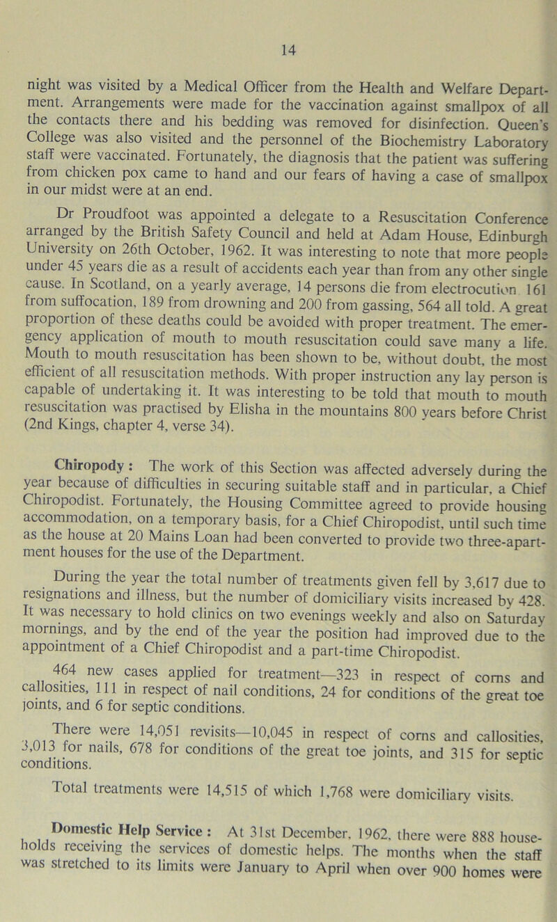 night was visited by a Medical Officer from the Health and Welfare Depart- ment. Arrangements were made for the vaccination against smallpox of all the contacts there and his bedding was removed for disinfection. Queen’s College was also visited and the personnel of the Biochemistry Laboratory staff were vaccinated. Fortunately, the diagnosis that the patient was suffering from chicken pox came to hand and our fears of having a case of smallpox in our midst were at an end. Dr Proudfoot was appointed a delegate to a Resuscitation Conference arranged by the British Safety Council and held at Adam House, Edinburgh University on 26th October, 1962. It was interesting to note that more people under 45 years die as a result of accidents each year than from any other single cause. In Scotland, on a yearly average, 14 persons die from electrocution 161 from suffocation, 189 from drowning and 200 from gassing, 564 all told. A great proportion of these deaths could be avoided with proper treatment. The emer- gency application of mouth to mouth resuscitation could save many a life. Mouth to mouth resuscitation has been shown to be, without doubt, the most efficient of all resuscitation methods. With proper instruction any lay person is capable of undertaking it. It was interesting to be told that mouth to mouth resuscitation was practised by Elisha in the mountains 800 vears before Christ (2nd Kings, chapter 4, verse 34). Chiropody : The work of this Section was affected adversely during the year because of difficulties in securing suitable staff and in particular, a Chief Chiropodist. Fortunately, the Housing Committee agreed to provide housing accommodation, on a temporary basis, for a Chief Chiropodist, until such time as the house at 20 Mains Loan had been converted to provide two three-apart- ment houses for the use of the Department. During the year the total number of treatments given fell by 3,617 due to resignations and illness, but the number of domiciliary visits increased by 428. It was necessary to hold clinics on two evenings weekly and also on Saturday mornings, and by the end of the year the position had improved due to the appointment of a Chief Chiropodist and a part-time Chiropodist. 464 new cases applied for treatment—323 in respect of corns and callosities. 111 in respect of nail conditions, 24 for conditions of the great toe joints, and 6 for septic conditions. There were 14,051 revisits—10,045 in respect of corns and callosities. J,U13 for nails, 678 for conditions of the great toe joints, and 315 for septic conditions. Total treatments were 14,515 of which 1,768 were domiciliary visits. Domestic Help Service : At 31st December. 1962. there were 888 house- holds receiving the services of domestic helps. The months when the staff was stretched to its limits were January to April when over 900 homes were