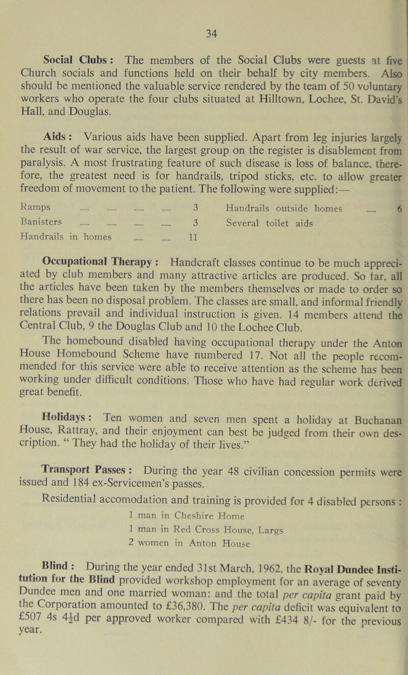 Social Clubs: The members of the Social Clubs were guests at five Church socials and functions held on their behalf by city members. Also should be mentioned the valuable service rendered by the team of 50 voluntary workers who operate the four clubs situated at Hilltown, Lochee, St. David’s Hall, and Douglas. Aids: Various aids have been supplied. Apart from leg injuries largely the result of war service, the largest group on the register is disablement from paralysis. A most frustrating feature of such disease is loss of balance, there- fore, the greatest need is for handrails, tripod sticks, etc. to allow greater freedom of movement to the patient. The following were supplied:— Ramps 3 Handrails outside homes 6 Banisters 3 Several toilet aids Handrails in homes 11 Occupational Therapy : Handcraft classes continue to be much appreci- ated by club members and many attractive articles are produced. So tar, all the articles have been taken by the members themselves or made to order so there has been no disposal problem. The classes are small, and informal friendly relations prevail and individual instruction is given. 14 members attend the Central Club, 9 the Douglas Club and 10 the Lochee Club. The homebound disabled having occupational therapy under the Anton House Homebound Scheme have numbered 17. Not all the people recom- mended for this service were able to receive attention as the scheme has been working under difficult conditions. Those who have had regular work derived great benefit. Holidays : Ten women and seven men spent a holiday at Buchanan House, Rattray, and their enjoyment can best be judged from their own des- cription. “ They had the holiday of their lives.” Transport Passes : During the year 48 civilian concession permits were issued and 184 ex-Servicemen’s passes. Residential accomodation and training is provided for 4 disabled persons : 1 man in Cheshire Home 1 man in Red Cross House, Largs 2 women in Anton House Blind : During the year ended 31st March, 1962, the Royal Dundee Insti- tution for the Blind provided workshop employment for an average of seventy Dundee men and one married woman: and the total per capita grant paid by the Corporation amounted to £36,380. The per capita deficit was equivalent to £507 4s 4\d per approved worker compared with £434 8/- for the Previous year. '