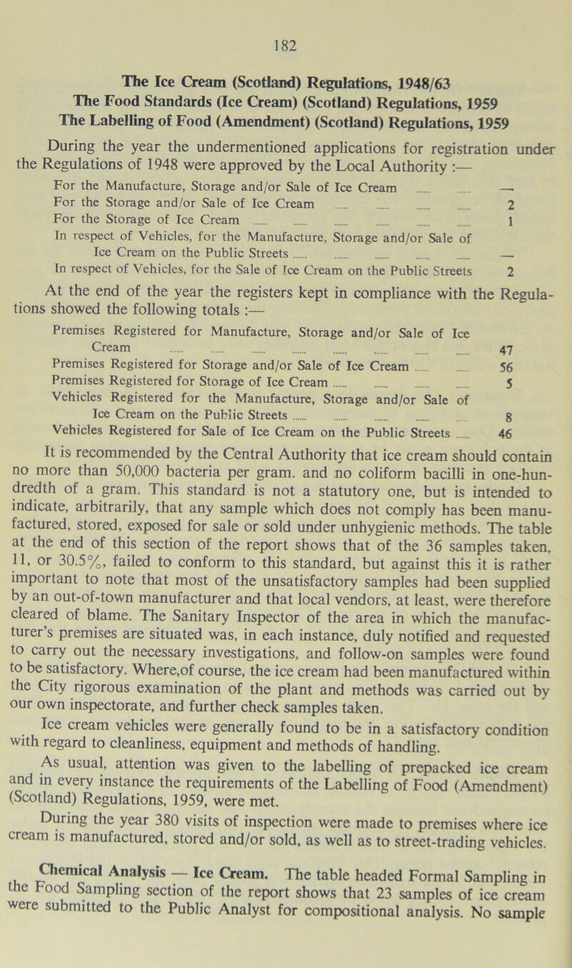 The Ice Cream (Scotland) Regulations, 1948/63 The Food Standards (Ice Cream) (Scotland) Regulations, 1959 The Labelling of Food (Amendment) (Scotland) Regulations, 1959 During the year the undermentioned applications for registration under the Regulations of 1948 were approved by the Local Authority :— For the Manufacture, Storage and/or Sale of Ice Cream — For the Storage and/or Sale of Ice Cream 2 For the Storage of Ice Cream 1 In respect of Vehicles, for the Manufacture, Storage and/or Sale of Ice Cream on the Public Streets In respect of Vehicles, for the Sale of Ice Cream on the Public Streets 2 At the end of the year the registers kept in compliance with the Regula- tions showed the following totals :— Premises Registered for Manufacture, Storage and/or Sale of Ice Cream 47 Premises Registered for Storage and/or Sale of Ice Cream 56 Premises Registered for Storage of Ice Cream 5 Vehicles Registered for the Manufacture, Storage and/or Sale of Ice Cream on the Public Streets g Vehicles Registered for Sale of Ice Cream on the Public Streets ...... 46 It is recommended by the Central Authority that ice cream should contain no more than 50,000 bacteria per gram, and no coliform bacilli in one-hun- dredth of a gram. This standard is not a statutory one, but is intended to indicate, arbitrarily, that any sample which does not comply has been manu- factured, stored, exposed for sale or sold under unhygienic methods. The table at the end of this section of the report shows that of the 36 samples taken, 11, or 30.5%, failed to conform to this standard, but against this it is rather important to note that most of the unsatisfactory samples had been supplied by an out-of-town manufacturer and that local vendors, at least, were therefore cleared of blame. The Sanitary Inspector of the area in which the manufac- turer s premises are situated was, in each instance, duly notified and requested to carry out the necessary investigations, and follow-on samples were found to be satisfactory. Where,of course, the ice cream had been manufactured within the City rigorous examination of the plant and methods was carried out by our own inspectorate, and further check samples taken. Ice cream vehicles were generally found to be in a satisfactory condition with regard to cleanliness, equipment and methods of handling. As usual, attention was given to the labelling of prepacked ice cream and in every instance the requirements of the Labelling of Food (Amendment) (Scotland) Regulations, 1959, were met. During the year 380 visits of inspection were made to premises where ice cream is manufactured, stored and/or sold, as well as to street-trading vehicles. Chemical Analysis — Ice Cream. The table headed Formal Sampling in the Food Sampling section of the report shows that 23 samples of ice cream were submitted to the Public Analyst for compositional analysis. No sample