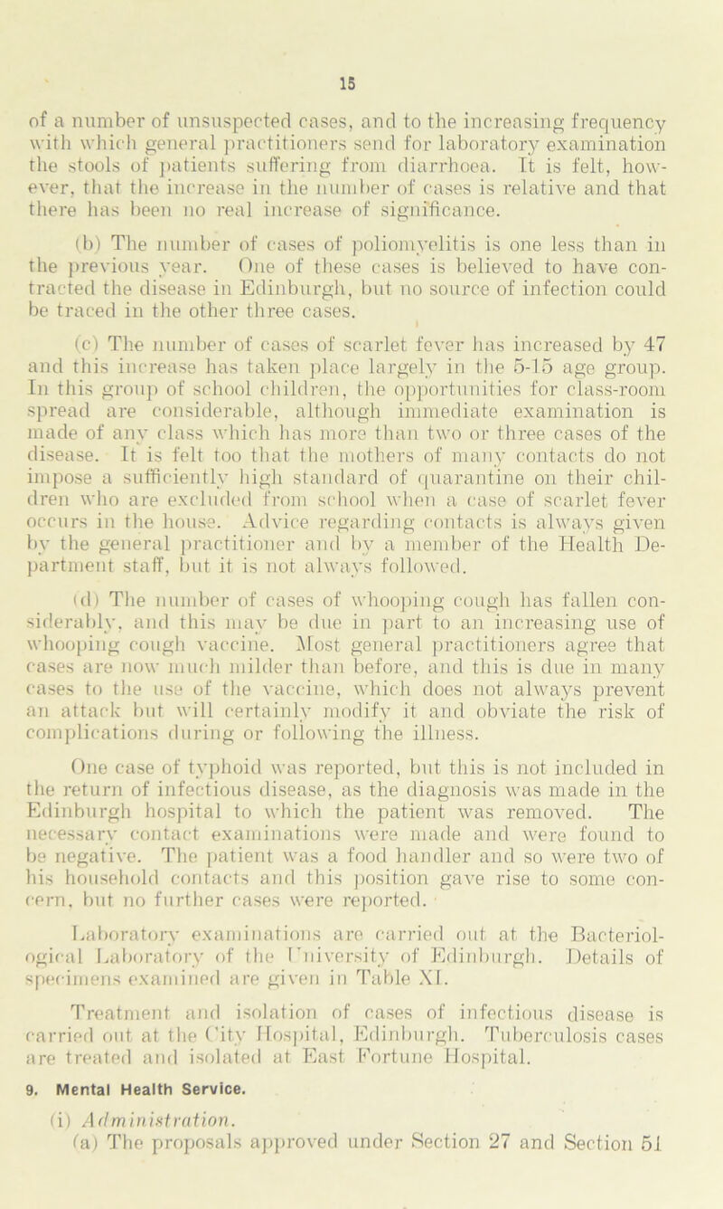 of a number of unsuspected cases, and to the increasing frequency with which general practitioners send for laboratory examination the stools of patients suffering from diarrhoea. Tt is felt, how- ever, that the increase in the number of cases is relative and that there has been no real increase of significance. (b) The number of cases of poliomyelitis is one less than in the previous year. One of these cases is believed to have con- tracted the disease in Edinburgh, but no source of infection could be traced in the other three cases. (c) The number of cases of scarlet fever has increased by 47 and this increase has taken place largely in the 5-15 age group. In this group of school children, the opportunities for class-room spread are considerable, although immediate examination is made of any class which has more than two or three cases of the disease. It is felt too that the mothers of many contacts do not impose a sufficiently high standard of quarantine on their chil- dren who are excluded from school when a case of scarlet fever occurs in the house. Advice regarding contacts is always given by the general practitioner and by a member of the Health De- partment staff, but it is not always followed. (cl) The number of cases of whooping cough has fallen con- siderably, and this may be due in part to an increasing use of whooping cough vaccine. Most general practitioners agree that cases are now much milder than before, and this is due in many cases to the use of the vaccine, which does not always prevent an attack but will certainly modify it and obviate the risk of complications during or following the illness. One case of typhoid was reported, but this is not included in the return of infectious disease, as the diagnosis was made in the Edinburgh hospital to which the patient was removed. The necessary contact examinations were made and were found to be negative. The patient was a food handler and so were two of his household contacts and this position gave rise to some con- cern, but no further cases were reported. Laboratory examinations are carried out at the Bacteriol- ogical Laboratory of the I 'ni versify of Edinburgh. Details of specimens examined are given in Table XL Treatment and isolation of cases of infectious disease is carried out at the City Hospital, Edinburgh. Tuberculosis cases are treated and isolated at East Fortune Hospital. 9. Mental Health Service. (4) Administration. fa) The proposals approved under Section 27 and Section 51