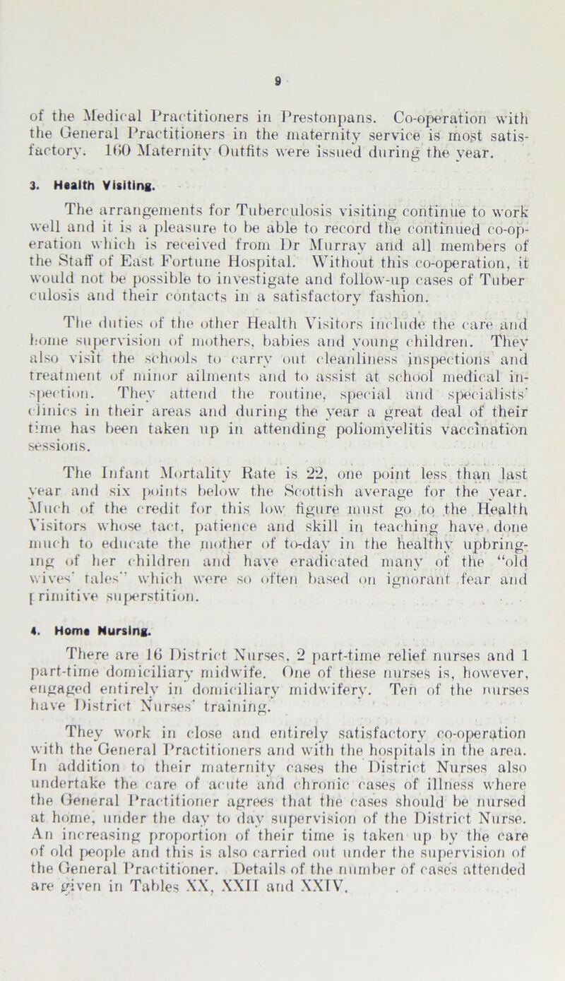 of the Medical Practitioners in Prestonpans. Co-operation with the General Practitioners in the maternity service is most satis- factory. 160 Maternity Outfits were issued during the vear. 3. Health Visiting. The arrangements for Tuberculosis visiting continue to work well and it is a pleasure to be able to record the continued co-op- eration which is received from Dr Murray and all members of the Stall of East Fortune Hospital. Without this co-operation, it would not be possible to investigate and follow-up cases of Tuber eulosis and their contacts in a satisfactory fashion. The duties of the other Health Visitors include the care and home supervision of mothers, babies and young children. They also visit the schools to carry out cleanliness inspections and treatment of minor ailments and to assist at school medical in- spection. They attend the routine, special and specialists' clinics in their areas and during the year a great deal of their time has been taken up in attending poliomyelitis vaccination sessions. The Infant Mortality Rate is 22, one point less than last year and six points below the Scottish average for the year. Much of the credit for this low figure must go to the Health Visitors whose tact, patience and skill in teaching have done much to educate the mother of to-day in the healthy upbring- ing of her children and have eradicated many of the “old wives' tales which were so often based on ignorant fear and primitive superstition. 4. Horn* Nursing. There are 16 District Nurses, 2 part-time relief nurses and 1 part-time domiciliary midwife. One of these nurses is, however, engaged entirely in domiciliary midwifery. Ten of the nurses have District Nurses' training. They work in close and entirely satisfactory co-operation with the General Practitioners and with the hospitals in the area. In addition to their maternity cases the District Nurses also undertake the care of acute and chronic cases of illness where the General Practitioner agrees that the cases should be nursed at home, under the day to day supervision of the District Nurse. An increasing proportion of their time is taken up by the care of old fieople and this is also carried out under the supervision of the General Practitioner. Details of the number of cases attended are given in Tables XX, XXII and XXTV.