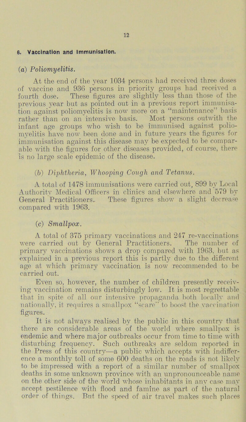 6. Vaccination and Immunisation. (a) Poliomyelitis. At the end of the year 1084 persons had received three doses of vaccine and 936 persons in priority groups had received a fourth dose. These figures are slightly less than those of the previous year but as pointed out in a previous report immunisa- tion against poliomyelitis is now more on a “maintenance basis rather than on an intensive basis. Most persons outwith the infant age groups who wish to be immunised against polio- myelitis have now been done and in future 37ears the figures for immunisation against this disease may be expected to be compar- able with the figures for other diseases provided, of course, there is no large scale epidemic of the disease. (b) Diphtheria, Whooping Cough and Tetanus. A total of 1478 immunisations were carried out, 899 by Local Authority Medical Officers in clinics and elsewhere and 579 by General Practitioners.. These figures show a slight decrease compared with 1963. (c) Smallpox. A total of 375 primary vaccinations and 247 re-vaccinations were carried out by General Practitioners. The number of primary vaccinations shows a drop compared with 1963. but as explained in a previous report this is partly due to the different age at which primary vaccination is now recommended to be carried out. Even so, however, the number of children presently receiv- ing vaccination remains disturbingly low. It is most regrettable that in spite of all our intensive propaganda both locally and nationally, it requires a smallpox “scare to boost the vaccination figures. It is not always realised by the public in this country that there are considerable areas of the world where smallpox is endemic and where major outbreaks occur from time to time with disturbing frequency. Such outbreaks are seldom reported in the Press of this country—a public which accepts with indiffer- ence a monthly toll of some 600 deaths on the roads is not likely to be impressed with a report of a similar number of smallpox deaths in some unknown province with an unpronounceable name on the other side of the world whose inhabitants in any case may accept pestilence with flood and famine as part of the natural order of things. Put the speed of air travel makes such places