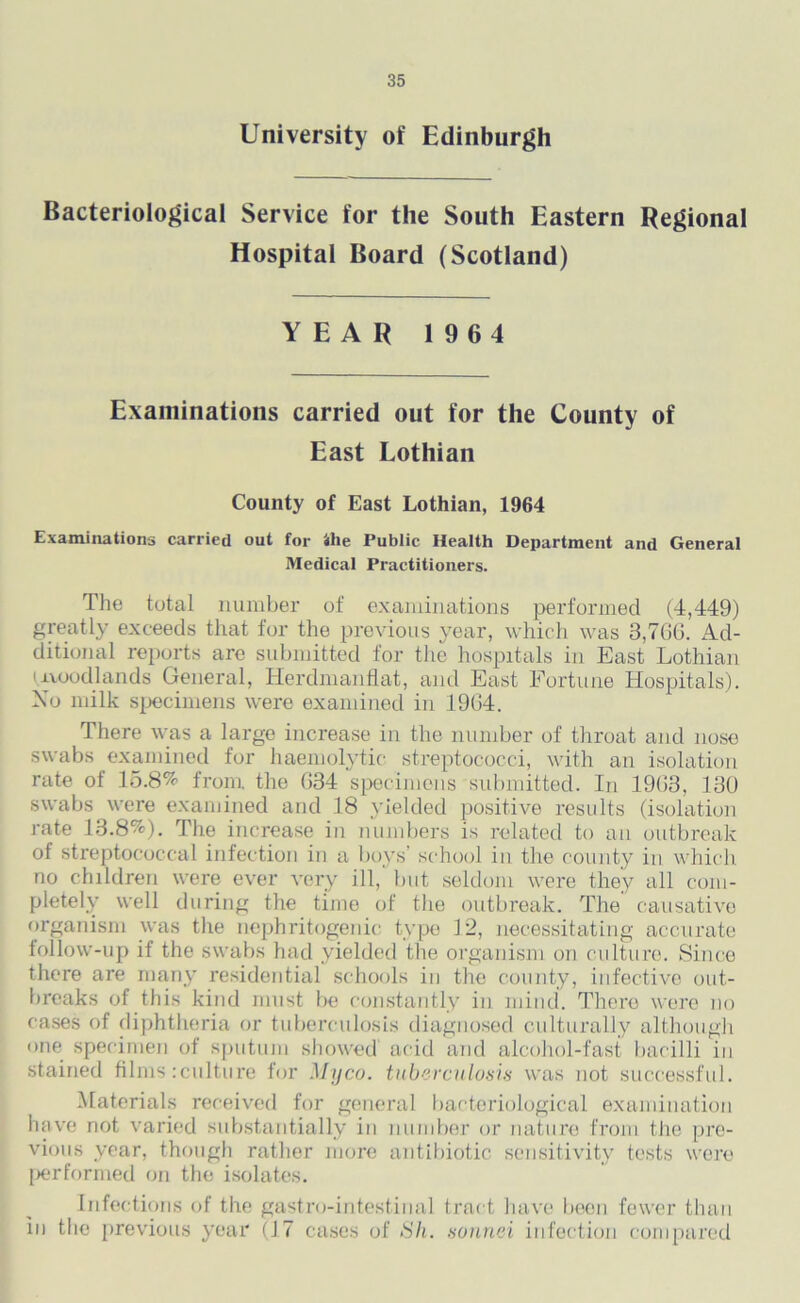 University of Edinburgh Bacteriological Service for the South Eastern Regional Hospital Board (Scotland) YEAR 1964 Examinations carried out for the County of East Lothian County of East Lothian, 1964 Examinations carried out for ilie Public Health Department and General Medical Practitioners. The total number of examinations performed (4,449) greatly exceeds that for the previous year, which was 3,766. Ad- ditional reports are submitted for the hospitals in East Lothian i.woodlands General, Herdmanflat, and East Fortune Hospitals). Xo milk specimens were examined in 1904. There was a large increase in the number of throat and nose swabs examined for haemolytic streptococci, with an isolation rate of 15.8% from, the 634 specimens submitted. In 1903, 130 swabs were examined and 18 yielded positive results (isolation rate 13.8%). The increase in numbers is related to an outbreak of streptococcal infection in a boys’ school in the county in which no children were ever very ill, but seldom were they all com- pletely well during the time of the outbreak. The causative organism was the nephritogenic type f2, necessitating accurate follow-up if the swabs had yielded the organism on culture. Since there are many residential schools in the county, infective out- breaks of this kind must be constantly in mind. Thero were no cases of diphtheria or tuberculosis diagnosed culturally although one specimen of sputum showed acid and alcohol-fast bacilli in stained films :culture for Myco. tuberculosis was not successful. Materials received for general bacteriological examination have not varied substantially in number or nature from the pre- vious year, though rather more antibiotic sensitivity tests were I>erformed on the isolates. Infections of the gastro-intestinal tract have been fewer than in the previous year (17 cases of Sh. sonnei infection compared