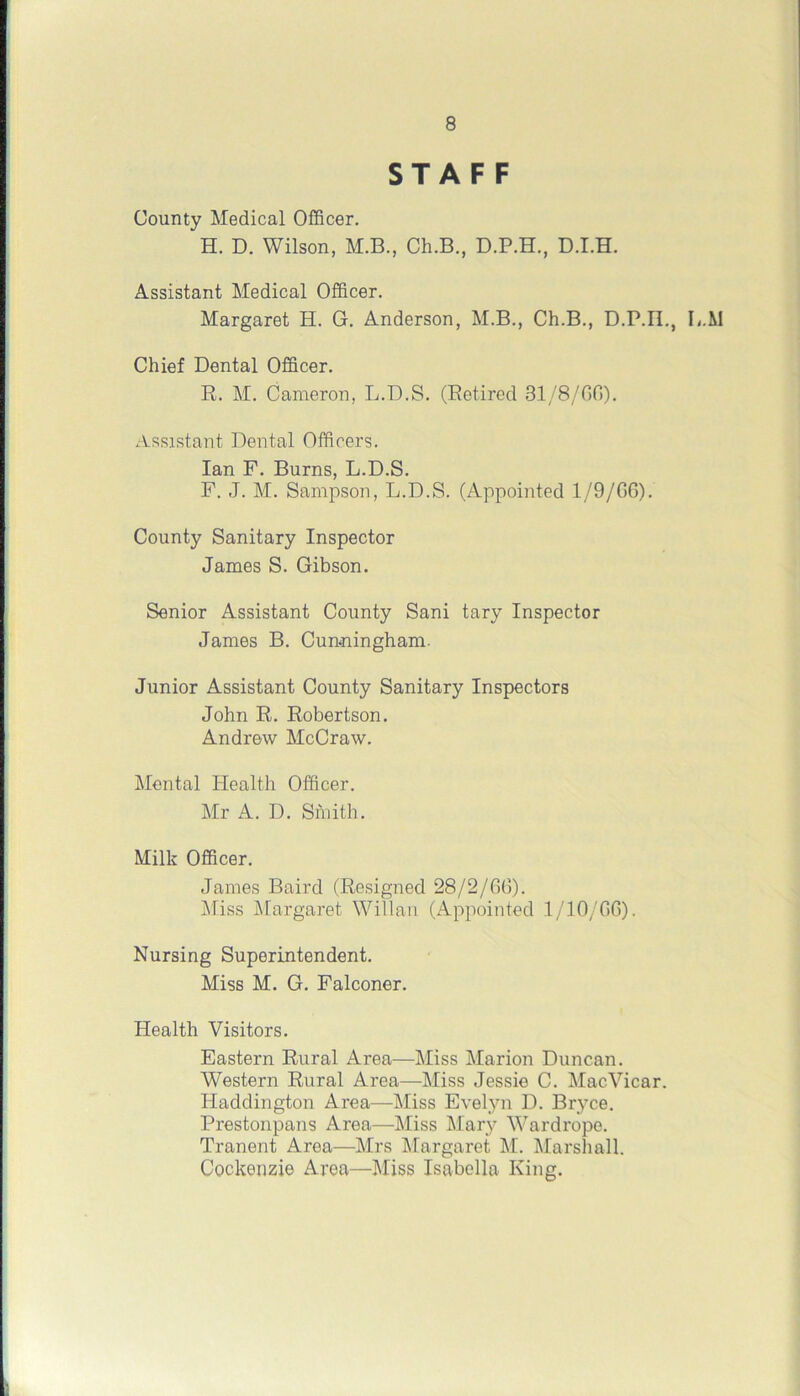 STAFF County Medical Officer. H. D. Wilson, M.B., Ch.B., D.P.H., D.I.H. Assistant Medical Officer. Margaret H. G. Anderson, M.B., Ch.B., D.P.IL, L.M Chief Dental Officer. R. M. Cameron, L.D.S. (Retired 31/8/GO). Assistant Dental Officers. Ian F. Burns, L.D.S. F. J. M. Sampson, L.D.S. (Appointed 1/9/G6). County Sanitary Inspector James S. Gibson. Senior Assistant County Sani tary Inspector James B. Cunningham. Junior Assistant County Sanitary Inspectors John R. Robertson. Andrew McCraw. Mental Health Officer. Mr A. D. Smith. Milk Officer. James Baird (Resigned 28/2/6G). Miss Margaret Willan (Appointed 1/10/06). Nursing Superintendent. Miss M. G. Falconer. Health Visitors. Eastern Rural Area—Miss Marion Duncan. Western Rural Area—Miss Jessie C. Mac Vicar. Haddington Area—Miss Evelyn D. Bryce. Prestonpans Area—Miss Mary Wardrope. Tranent Area—Mrs Margaret M. Marshall. Cockenzie Area—Miss Isabella King.