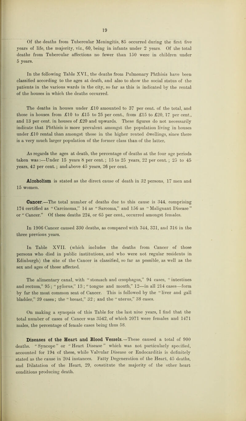 Of the deaths from Tubercular Meningitis, 85 occurred during the first five years of life, the majority, viz., 60, being in infants under 2 years. Of the total deaths from Tubercular affections no fewer than 150 were in children under 5 years. In the following Table XVI., the deaths from Pulmonary Phthisis have been classified according to the ages at death, and also to show the social status of the patients in the various wards in the city, so far as this is indicated by the rental of the houses in which the deaths occurred. The deaths in houses under £10 amounted to 37 per cent, of the total, and those in houses from £10 to £15 to 25 per cent., from £15 to £20, 17 per cent., and 13 per cent, in houses of £20 and upwards. These figures do not necessarily indicate that Phthisis is more prevalent amongst the population living in houses under £10 rental than amongst those in the higher rented dwellings, since there is a very much larger population of the former class than of the latter. As regards the ages at death, the percentage of deaths at the four age periods taken was :—Under 15 years 8 per cent.; 15 to 25 years, 22 per cent. ; 25 to 45 years, 42 per cent.; and above 45 years, 26 per cent. Alcoholism is stated as the direct cause of death in 32 persons, 17 men and 15 women. Cancer.—The total number of deaths due to this cause is 344, comprising 174 certified as “Carcinoma,” 14 as “Sarcoma,” and 156 as “Malignant Disease” or “ Cancer.” Of these deaths 224, or 65 per cent., occurred amongst females. In 1906 Cancer caused 330 deaths, as compared with 344, 331, and 316 in the three previous years. In Table XVII. (which includes the deaths from Cancer of those persons who died in public institutions, and who were not regular residents in Edinburgh) the site of the Cancer is classified, so far as possible, as well as the sex and a^es of those affected. The alimentary canal, with “ stomach and oesophagus,” 94 cases, “ intestines and rectum,” 95; “pylorus,” 13; “tongue and mouth,” 12—in all 214 cases—form by far the most common seat of Cancer. This is followed by the “ liver and gall bladder,” 39 cases; the “breast,” 32; and the “uterus,” 38 cases. On making a synopsis of this Table for the last nine years, I find that the total number of cases of Cancer was 3542, of which 2071 were females and 1471 males, the percentage of female cases being thus 58. Diseases of the Heart and. Blood Vessels.—These caused a total of 900 deaths. “ Syncope ” or “ Heart Disease ” which was not particularly specified, accounted for 194 of these, while Valvular Disease or Endocarditis is definitely stated as the cause in 204 instances. Fatty Degeneration of the Heart, 45 deaths, and Dilatation of the Heart, 29, constitute the majority of the other heart conditions producing death.