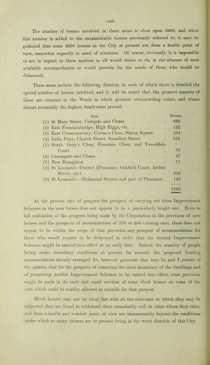 The number of houses involved in these areas is close upon 2000, and when this number is added to the uninhabitable houses previously referred to, it may be gathered that some 5000 houses in the City at present are, from a health point of view, somewhat urgently in need of attention. Of course, obviously, it is impossible to act in regard to these matters as all would desire to do, in the absence of such available accommodation as would provide for the needs of those who would be dishoused. These areas include the following districts, in each of which there is detailed the special number of houses involved, and it will be noted that the greatest number of these are situated in the Wards in which greatest overcrowding exists, and where almost invariably the highest death-rates prevail. Area. Houses. (1) St Mary Street, Cowgate and Closes . . . 605 (2) East Fountainbridge, High Riggs, etc. . . .122 (3) East Crosscauseway, Cowan’s Close, Simon Square . 294 (4) India Place, Church Street, Saunders Street . . 235 (5) South Gray’s Close, Fountain Close, and Tweeddale Court . . . . . .88 (6) Canongate and Closes . . . . .47 (7) New Broughton . . . . .71 (8) St Leonard’s District (Pleasance, Oakfield Court, Arthur Street, etc.) ...... 356 (9) St Leonard’s—Richmond Streets and part of Pleasance . 148 1966 At the present rate of progress the prospect of carrying out these Improvement Schemes in the near future does not appear to ,be a particularly bright one. Even in full realisation of the progress being made by the Corporation in the provision of new houses and the prospects of reconstruction of 700 or 800 existing ones, there does not appear to be within the scope of that provision any prospect of accommodation for those who would require to be dishoused in order that the desired Improvement Schemes might be carried into effect at an early date. Indeed, the number of people living under insanitary conditions at present far exceeds the proposed housing accommodation already arranged for, however generous that may be, and I remain of the opinion that for the purposes of removing the most insanitary of the dwellings and of permitting needed Improvement Schemes to be carried into effect, some provision might be made in the early and rapid erection of some block houses on some of the sites which could be readily selected as suitable for that purpose. Block houses may not be ideal, but with all the criticisms to which they may be subjected they are found to withstand these remarkably well in cities where they exist, and from a health and comfort point of view are immeasurably beyond the conditions under which so many citizens are at present living in the worst districts of this City.