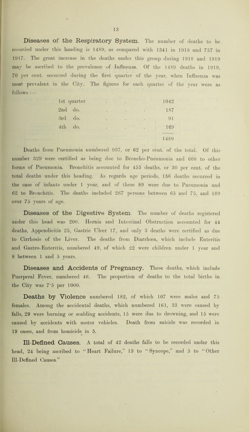 Diseases of the Respiratory System. The number of deaths to be recorded under this heading is 1489, as compared with 1341 in 1918 and 757 in 1917. The great increase in the deaths under this group during 1918 and 1919 may be ascribed to the prevalence of Influenza. Of the 1489 deaths in 1919, 70 per cent, occurred during the first quarter of the year, when Influenza was most prevalent in the City. The figures for each quarter of the year were as follows :— 1 st quarter 1042 2nd do. 187 3rd do. 91 4th do. 169 1489 Deaths from Pneumonia numbered 937, or 62 per cent, of the total. Of this number 329 were certified as being due to Broncho-Pneumonia and 608 to other forms of Pneumonia. Bronchitis accounted for 455 deaths, or 30 per cent, of the total deaths under this heading. As regards age periods, 156 deaths occurred in the case of infants under 1 year, and of these 89 were due to Pneumonia and 62 to Bronchitis. The deaths included 267 persons between 65 and 75, and 189 over 75 years of age. Diseases of the Digestive System. The number of deaths registered under this head was 200. Hernia and Intestinal Obstruction accounted for 44 deaths, Appendicitis 25, Gastric Ulcer 17, and only 3 deaths were certified as due to Cirrhosis of the Liver. The deaths from Diarrhoea, which include Enteritis and Gastro-Ententis, numbered 49, of which 22 were children under 1 year and 8 between 1 and 5 years. Diseases and Accidents of Pregnancy. These deaths, which include Puerperal Fever, numbered 46. The proportion of deaths to the total births in the City was 7'5 per 1000. Deaths by Violence numbered 182, of which 107 were males and 75 females. Among the accidental deaths, which numbered 161, 33 were caused by falls, 29 were burning or scalding accidents, 15 were due to drowning, and 15 were caused by accidents with motor vehicles. Death from suicide was recorded in 19 cases, and from homicide in 5. • Ill-Defined Causes. A total of 42 deaths falls to be recorded under this head, 24 being ascribed to “Heart Failure,” 13 to “Syncope,” and 5 to “Other Ill-Defined Causes.”
