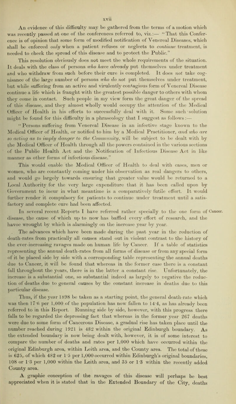 An evidence of this difficulty may be gathered from the terms of a motion which was recently passed at one of the conferences referred to, viz.:— “That this Confer- ence is of opinion that some form of modified notification of Venereal Diseases, which shall be enforced only when a patient refuses or neglects to continue treatment, is needed to check the spread of this disease and to protect the Public.” This resolution obviously does not meet the whole requirements of the situation. It deals with the class of persons who have already put themselves under treatment and who withdraw from such before their cure is completed. It does not take cog- nisance of the large number of persons who do not put themselves under treatment, but while suffering from an active and virulently contagious form of Venereal Disease continue a life which is fraught with the greatest possible danger to others with whom they come in contact. Such people in my view form the great danger of the spread of this disease, and they almost wholly would occupy the attention of the Medical Officer of Health in his efforts to successfully deal with it. Some such'solution might be found for this difficulty in a phraseology that I suggest as follows:— “ Persons sufferino- from Venereal Disease in an infective staoe known to the o o Medical Officer of Health, or notified to him by a Medical Practitioner, and who are so acting as to imply danger to the Community, will be subject to be dealt with by the Medical Officer of Health through all the powers contained in the various sections of the Public Health Act and the Notification of Infectious Disease Act in like manner as other forms of infectious disease.” This would enable the Medical Officer of Health to deal with cases, men or women, who are constantly coming under his observation as real dangers to others, and would go largely towards ensuring that greater value would be returned to a Local Authority for the very large expenditure that it has been called upon by Government to incur in what meantime is a comparatively futile effort. It would further render it compulsory for patients to continue under treatment until a satis- factory and complete cure had been affected. In several recent Reports I have referred rather specially to the one form of Cancer, disease, the cause of which up to now has baffled every effort of research, and the havoc wrought by which is alarmingly on the increase year by year. The advances which have been made during the past year in the reduction of death-rates from practically all causes stand out in violent contrast to the history of the ever-increasing ravages made on human life by Cancer. If a table of statistics representing the annual death-rates from all forms of disease or from any special form of it be placed side by side with a corresponding table representing the annual deaths due to Cancer, it will be found that whereas in the former case there is a constant fall throughout the years, there is in the latter a constant rise. Unfortunately, the increase is a substantial one, so substantial indeed as largely to negative the reduc- tion of deaths due to general causes by the constant increase in deaths due to this particular disease. Thus, if the year 1898 be taken as a starting point, the general death-rate which was then 17'8 per 1,000 of the population has now fallen to 14 4, as has already been referred to in this Report. Running side by side, however, with this progress there falls to be regarded the depressing fact that whereas in the former year 267 deaths were due to some form of Cancerous Disease, a gradual rise has taken place until the number reached during 1921 is 482 within the original Edinburgh boundary. As the extended boundary is now being dealt with, however, it is of some interest to compare the number of deaths and rates per 1,000 which have occurred within the original Edinburgh area, within Leith area, and the County area. The total of these is 625,. of which 482 or L5 per 1,000 occurred within Edinburgh’s original boundaries, 108 or 13 per 1,000 within the Leith area, and 35 or l-3 within the recently added County area. A graphic conception of the ravages of this disease will perhaps be best appreciated when it is stated that in the Extended Boundary of the City, deaths