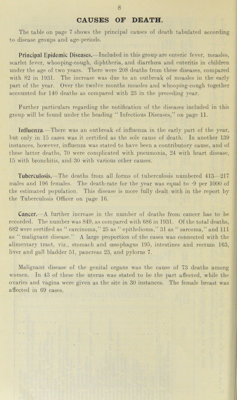 CAUSES OF DEATH. The table on page 7 shows the principal causes of death tabulated according to disease groups and age-periods. Principal Epidemic Diseases.—Included in this group are enteric fever, measles, scarlet fever, whooping-cough, diphtheria, and diarrhoea and enteritis in children under the age of two years. There were 208 deaths from these diseases, compared with 82 in 1931. The increase was due to an outbreak of measles in the early part of the year. Over the twelve months measles and whooping-cough together accounted for 140 deaths as compared with 23 in the preceding year. Further particulars regarding the notification of the diseases included in this group will be found under the heading “ Infectious Diseases,” on page 11. Influenza.—There was an outbreak of influenza in the early part of the year, but only in 15 cases was it certified as the sole cause of death. In another 139 instances, however, influenza was stated to have been a contributory cause, and of these latter deaths, 70 were complicated with pneumonia, 24 with heart disease, 15 with bronchitis, and 30 with various other causes. Tuberculosis.—The deaths from all forms of tuberculosis numbered 413—217 males and 196 females. The death-rate for the year was equal to -9 per 1000 of the estimated population. This disease is more fully dealt with in the report by the Tuberculosis Officer on page 16. Cancer.—A further increase in the number of deaths from cancer has to be recorded. The number was 849, as compared with 686 in 1931. Of the total deaths, 682 were certified as “ carcinoma,” 25 as “ epithelioma,” 31 as “ sarcoma, and 111 as “ malignant disease.” A large proportion of the cases was connected with the alimentary tract, viz., stomach and oesophagus 195, intestines and rectum 163, liver and gall bladder 51, pancreas 23, and pylorus 7. Malignant disease of the genital organs was the cause of 73 deaths among women. In 43 of these the uterus was stated to be the part affected, while the ovaries and vagina were given as the site in 30 instances. The female breast was affected in 69 cases.